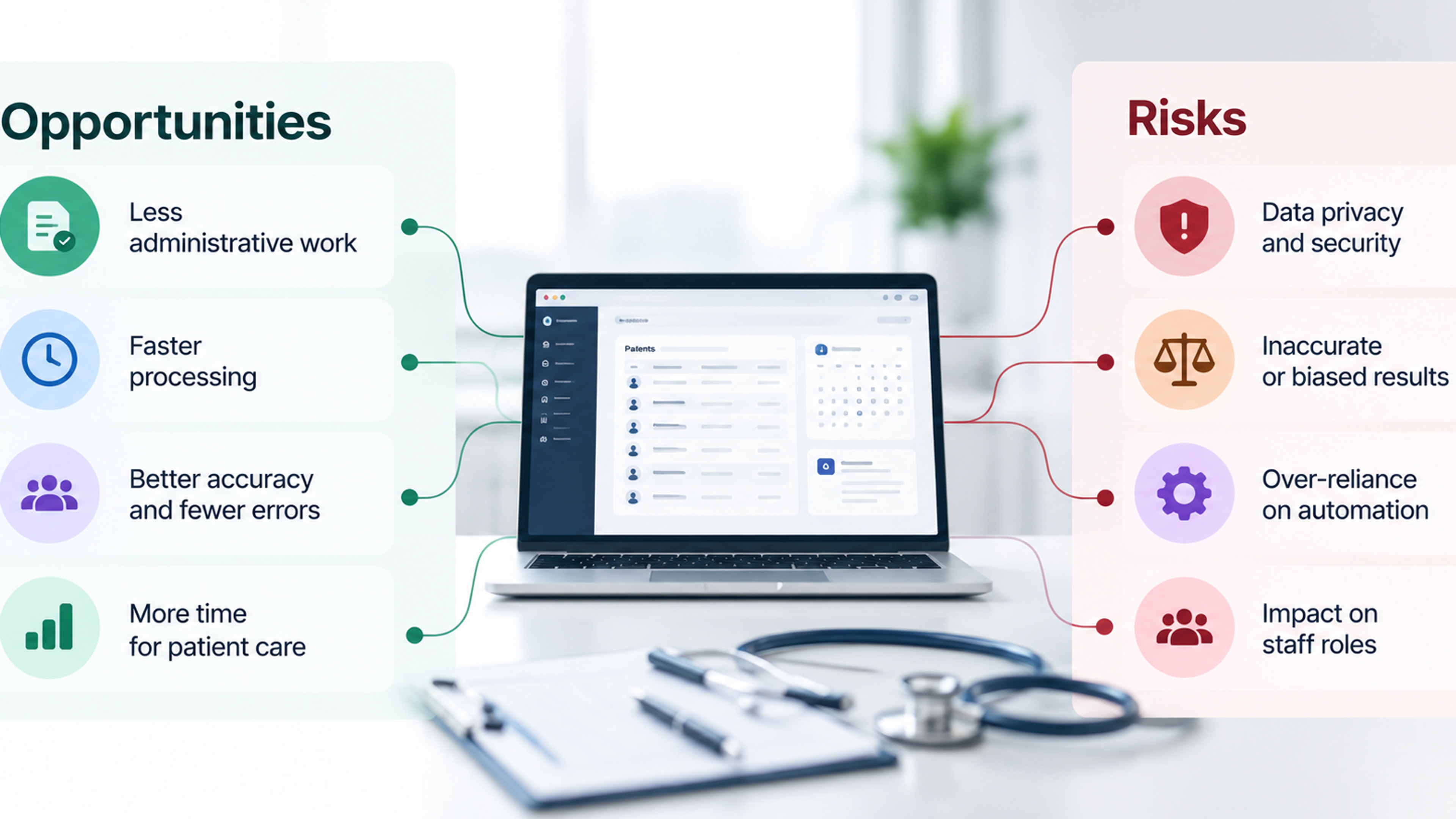 Healthcare administration automation visual showing opportunities such as faster processing and reduced workload alongside risks including data privacy, bias, over-reliance, and staff impact.