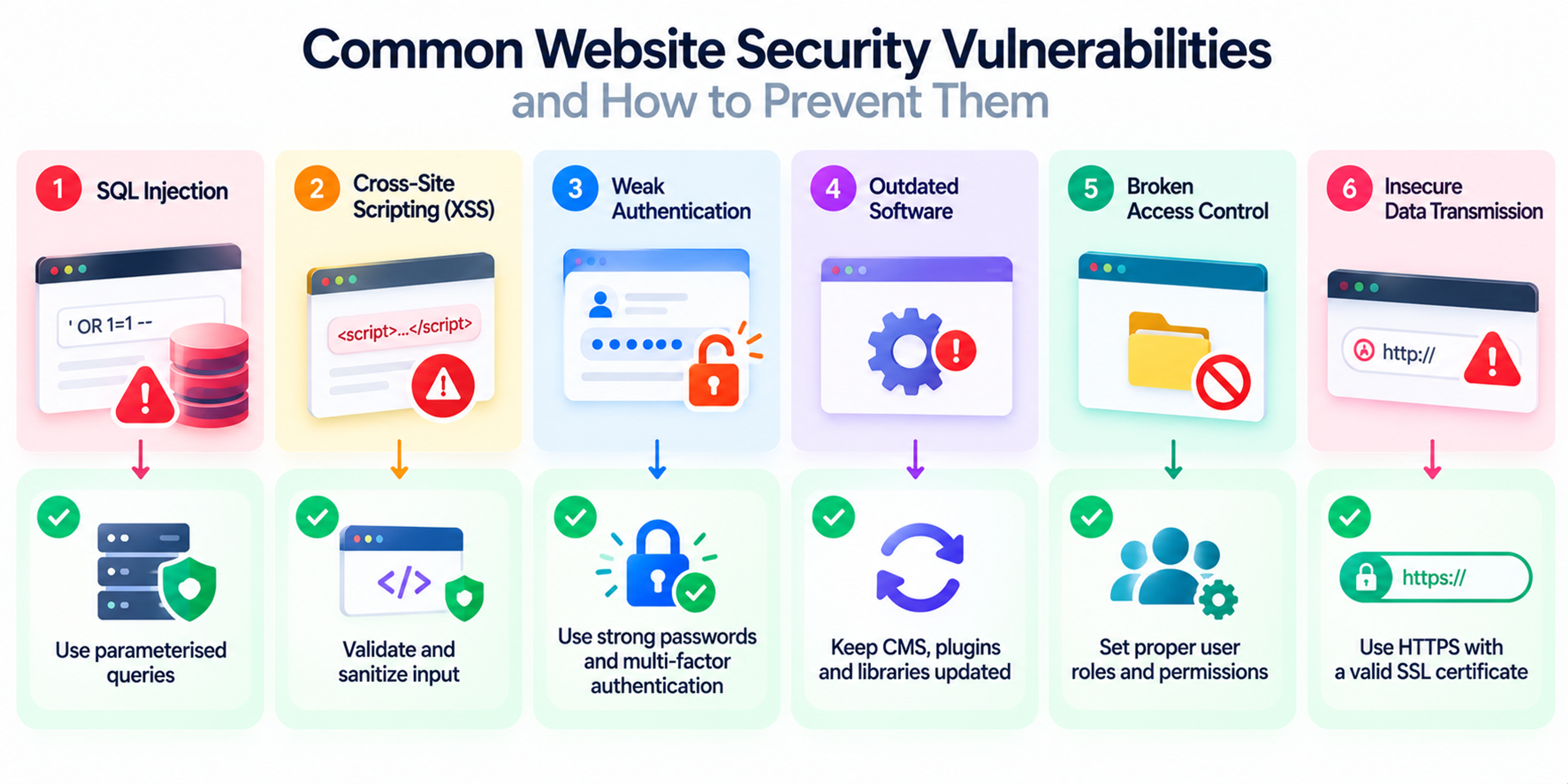 Website security infographic illustrating six common vulnerabilities and their prevention methods, including parameterized queries, input validation, MFA, software updates, access controls, and HTTPS encryption.