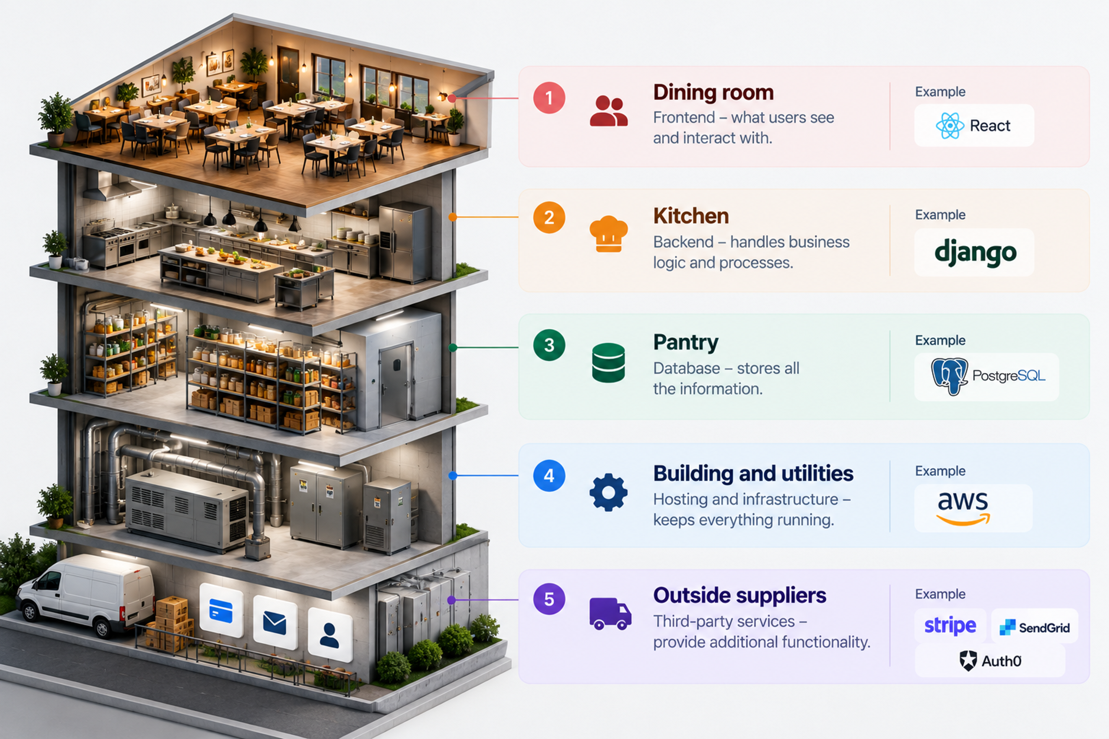 Tech stack layers explained restaurant analogy