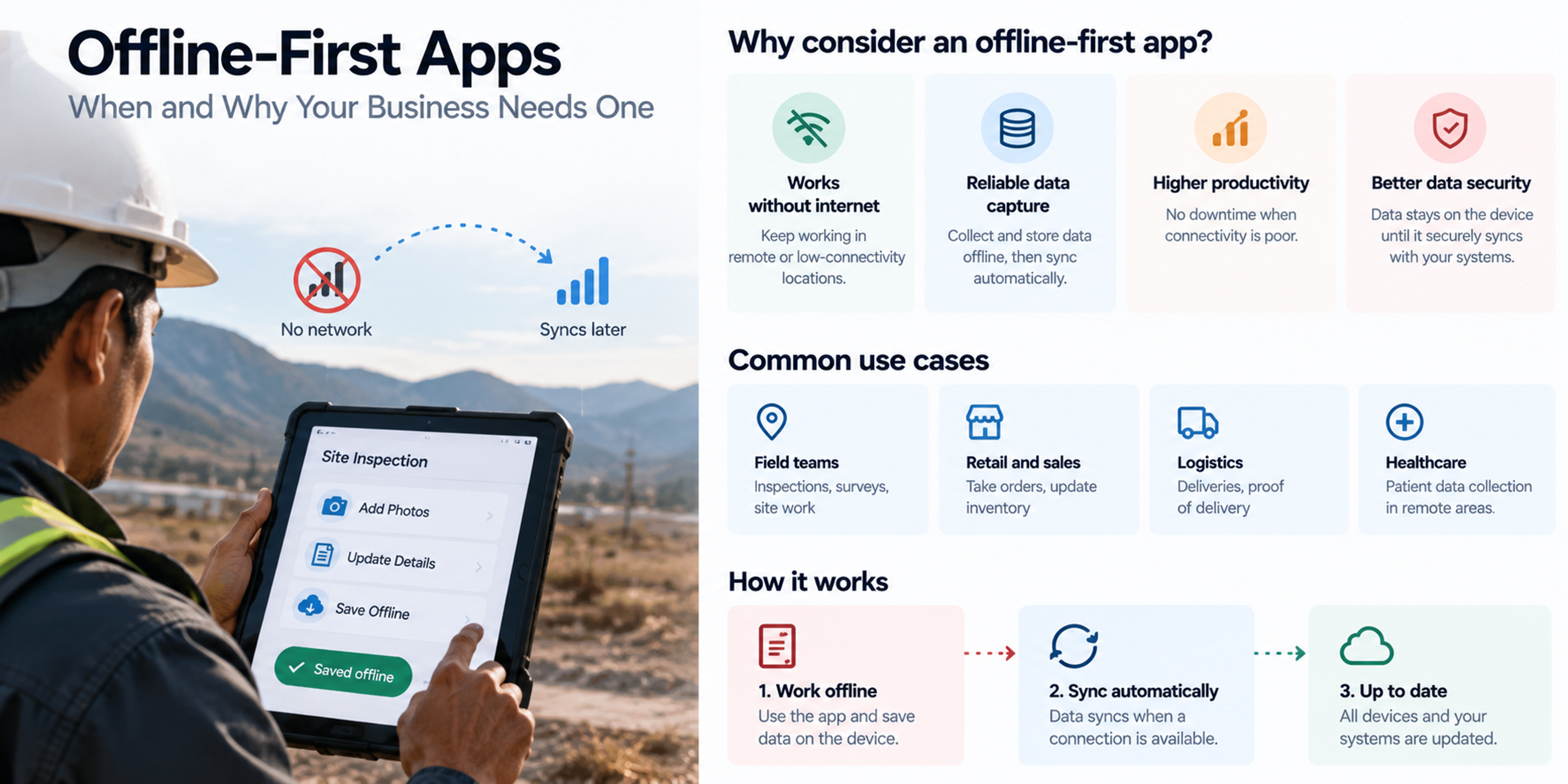 A professional editorial visual explaining why businesses may need offline-first apps. It shows field work continuing without connectivity, local data capture, automatic syncing when a connection returns, and practical use cases across field services, retail, logistics, and healthcare.