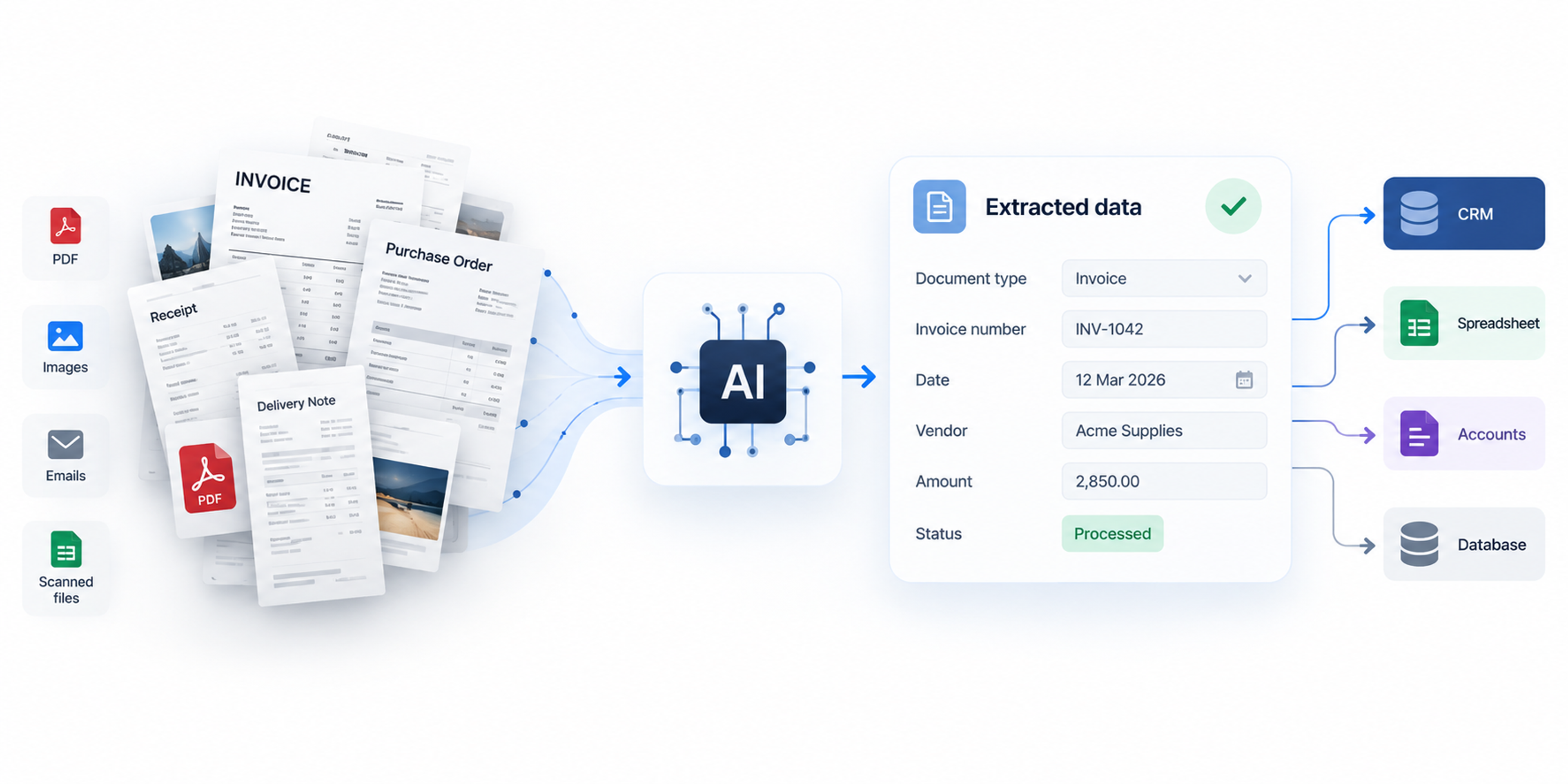 AI-powered document processing workflow extracting structured data from invoices, receipts, PDFs, emails, images, and scanned files before sending the information to CRM, spreadsheets, accounting systems, and databases.