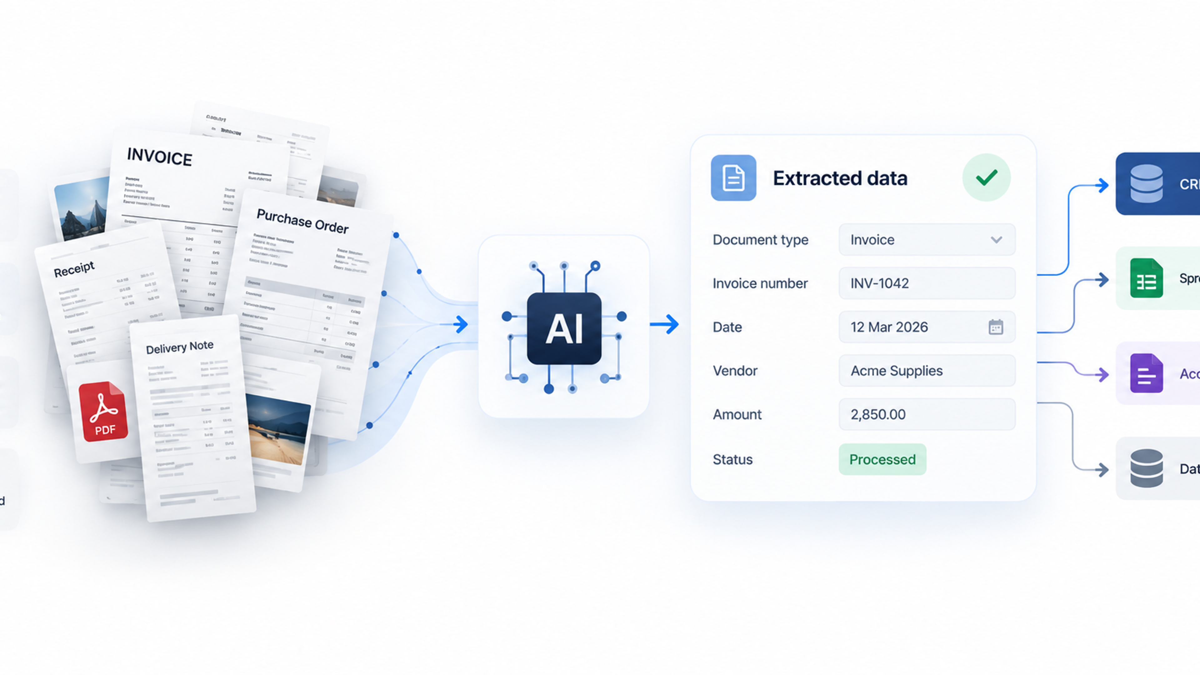 AI-powered document processing workflow extracting structured data from invoices, receipts, PDFs, emails, images, and scanned files before sending the information to CRM, spreadsheets, accounting systems, and databases.