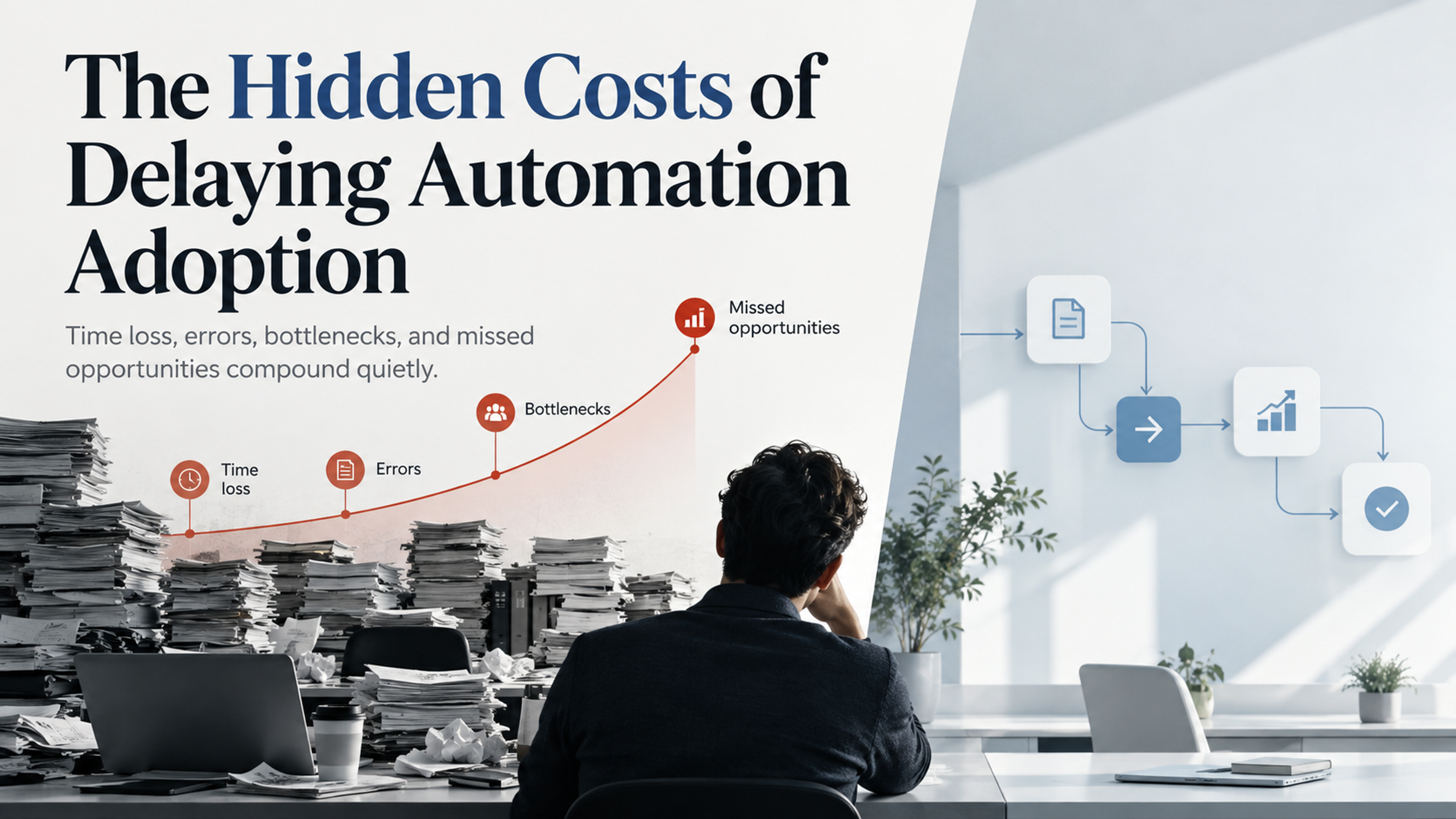 Manual workload, errors, bottlenecks, and missed opportunities increasing as a business delays automation adoption.