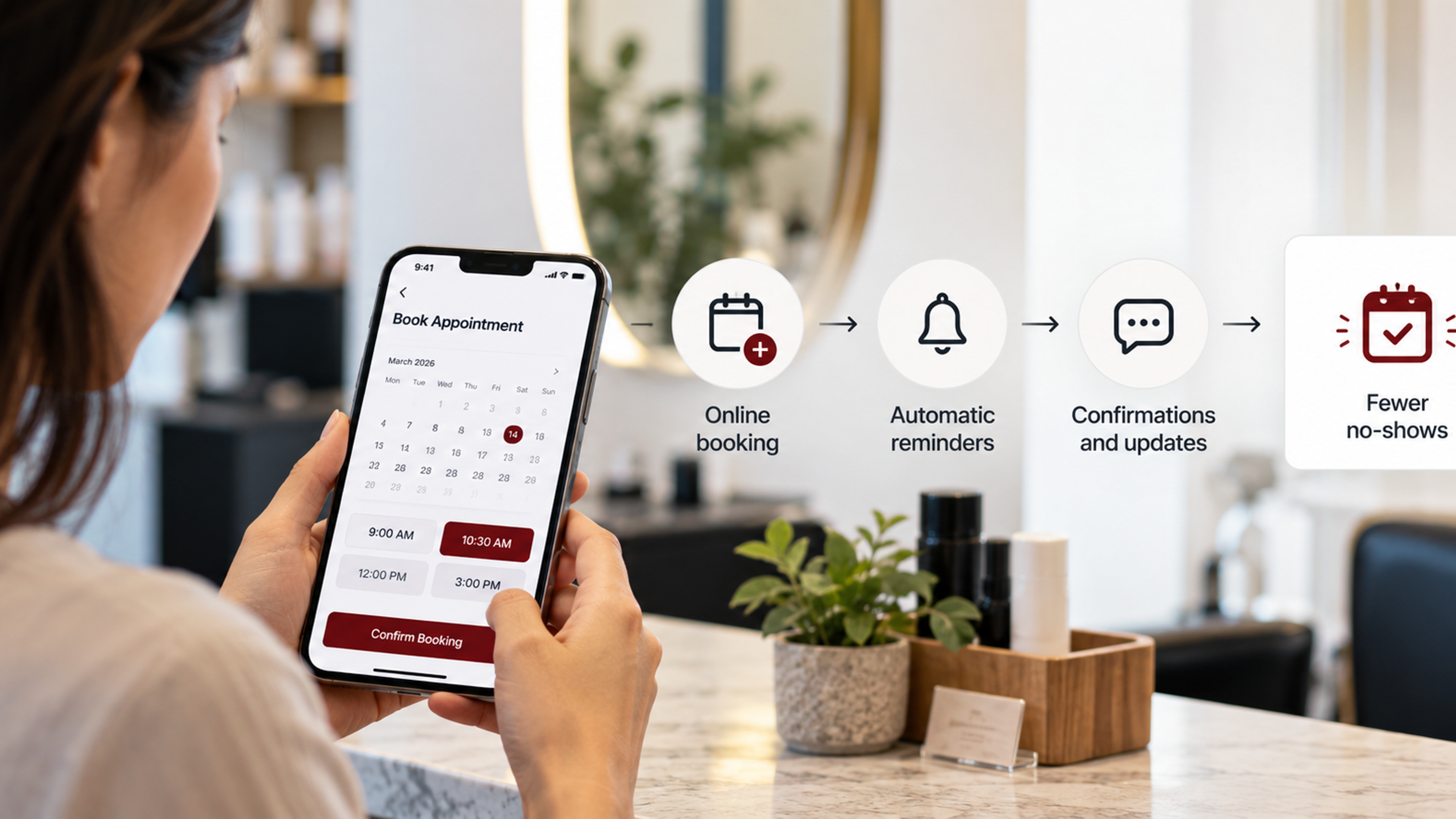 Booking app workflow showing online scheduling, automated reminders, appointment confirmation, easy rescheduling, and fewer customer no-shows.
