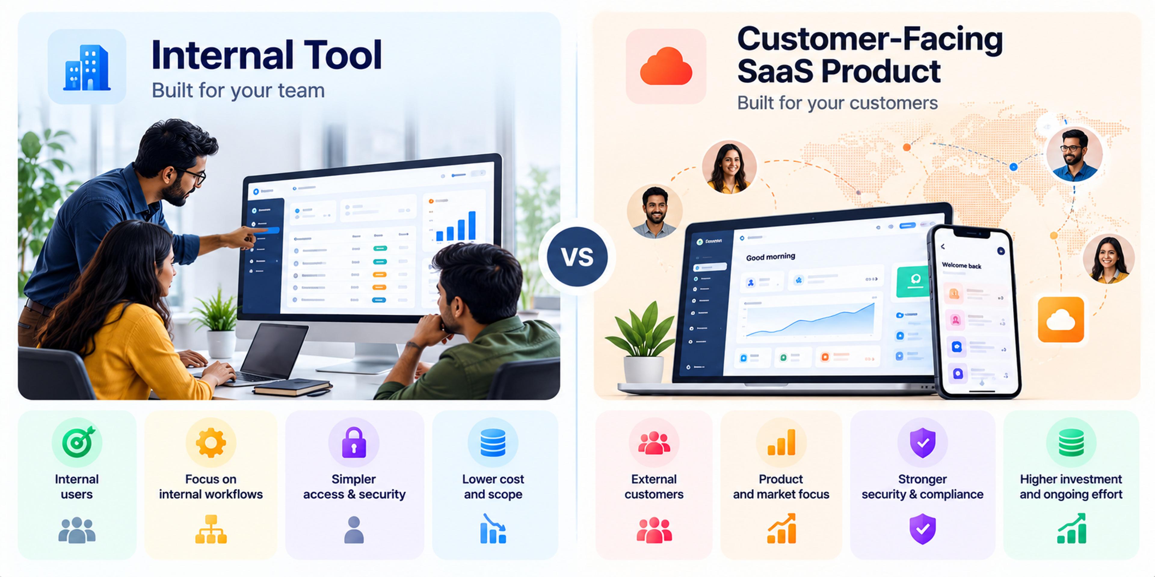 Side-by-side illustration comparing an internal business tool used by employees with a customer-facing SaaS platform, highlighting workflow efficiency, customer access, security, scalability, and development investment.