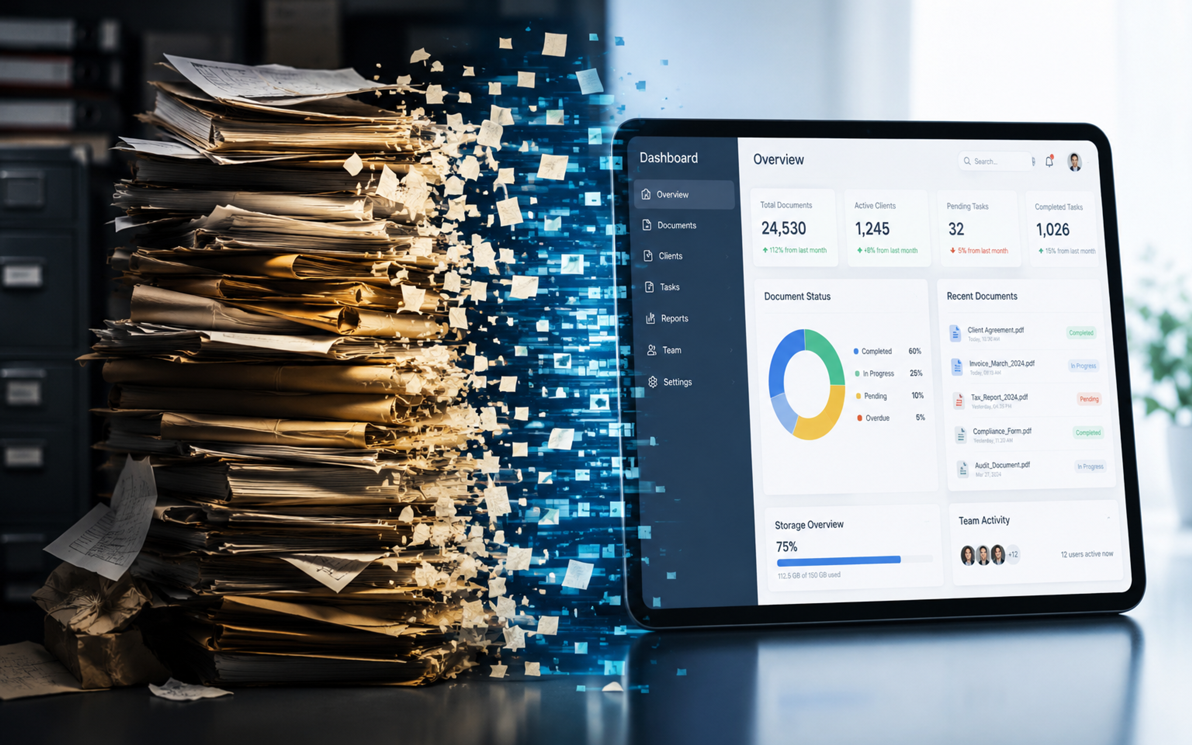 Cluttered paper files transforming into a clean digital dashboard on a tablet, symbolizing the transition from manual paperwork to digital document management.