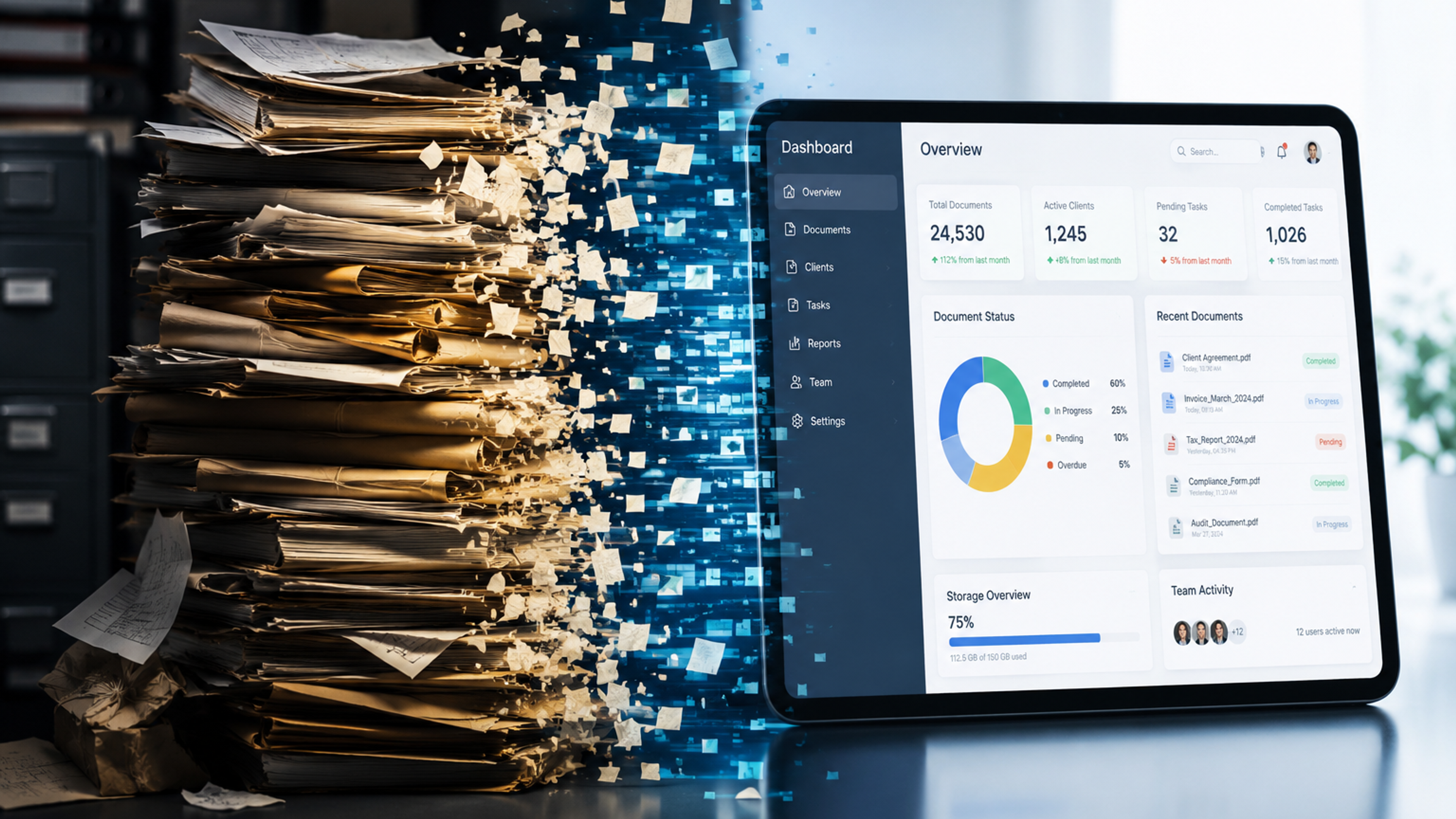 Cluttered paper files transforming into a clean digital dashboard on a tablet, symbolizing the transition from manual paperwork to digital document management.