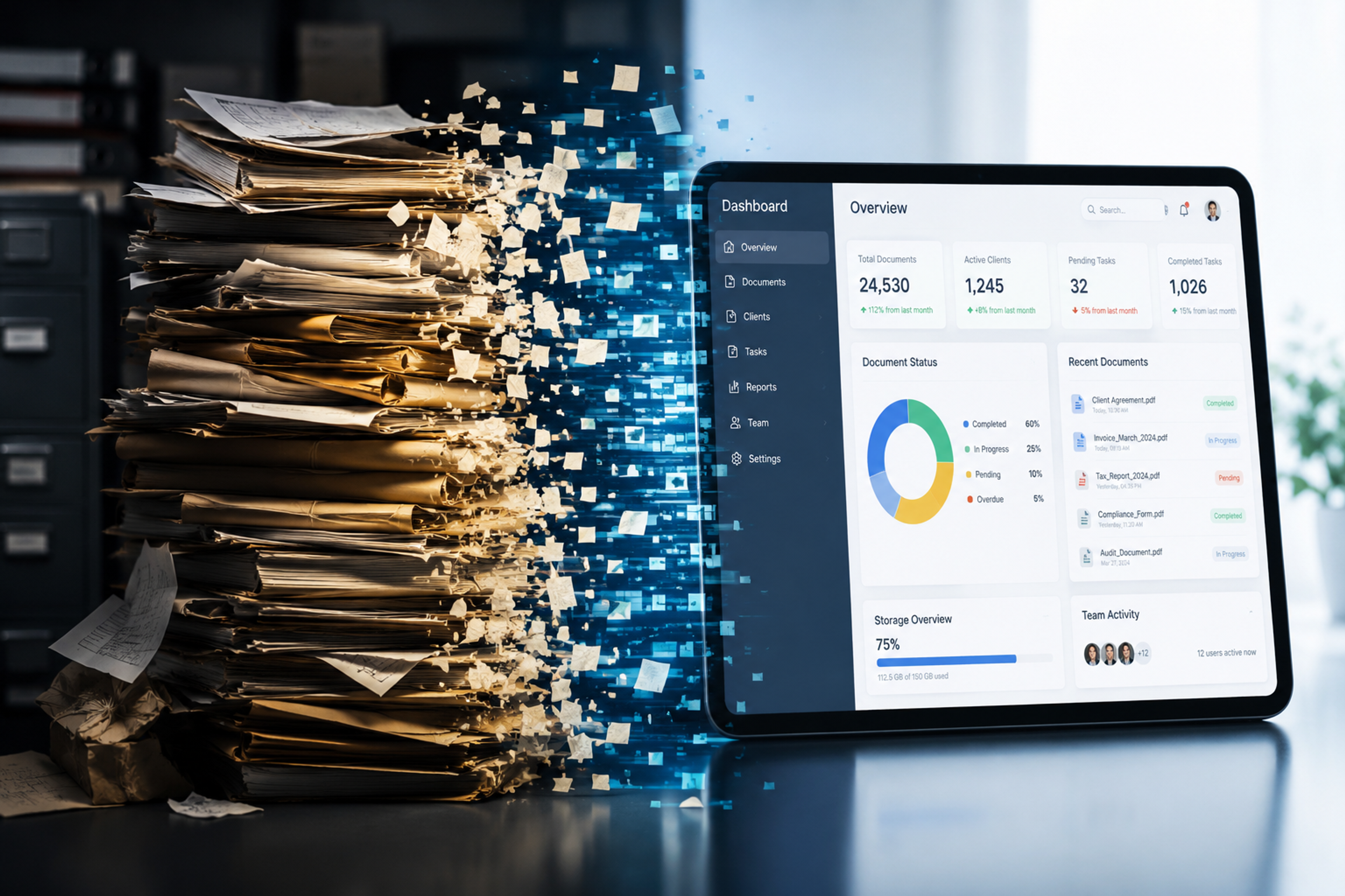 Cluttered paper files transforming into a clean digital dashboard on a tablet, symbolizing the transition from manual paperwork to digital document management.