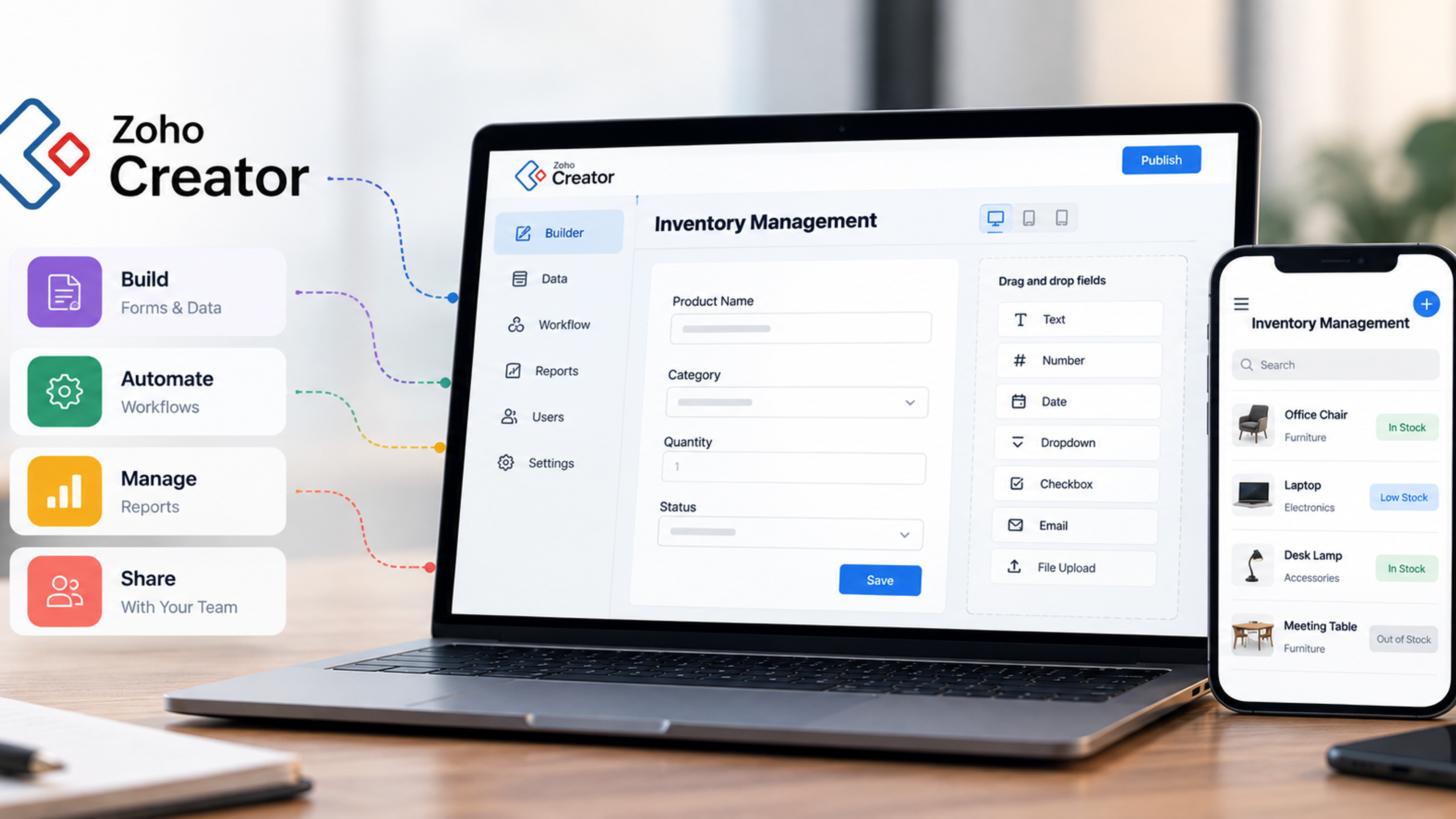 Zoho Creator low-code app builder shown on a laptop with an inventory management form, workflow tools, reports, team sharing options, and a mobile app preview.