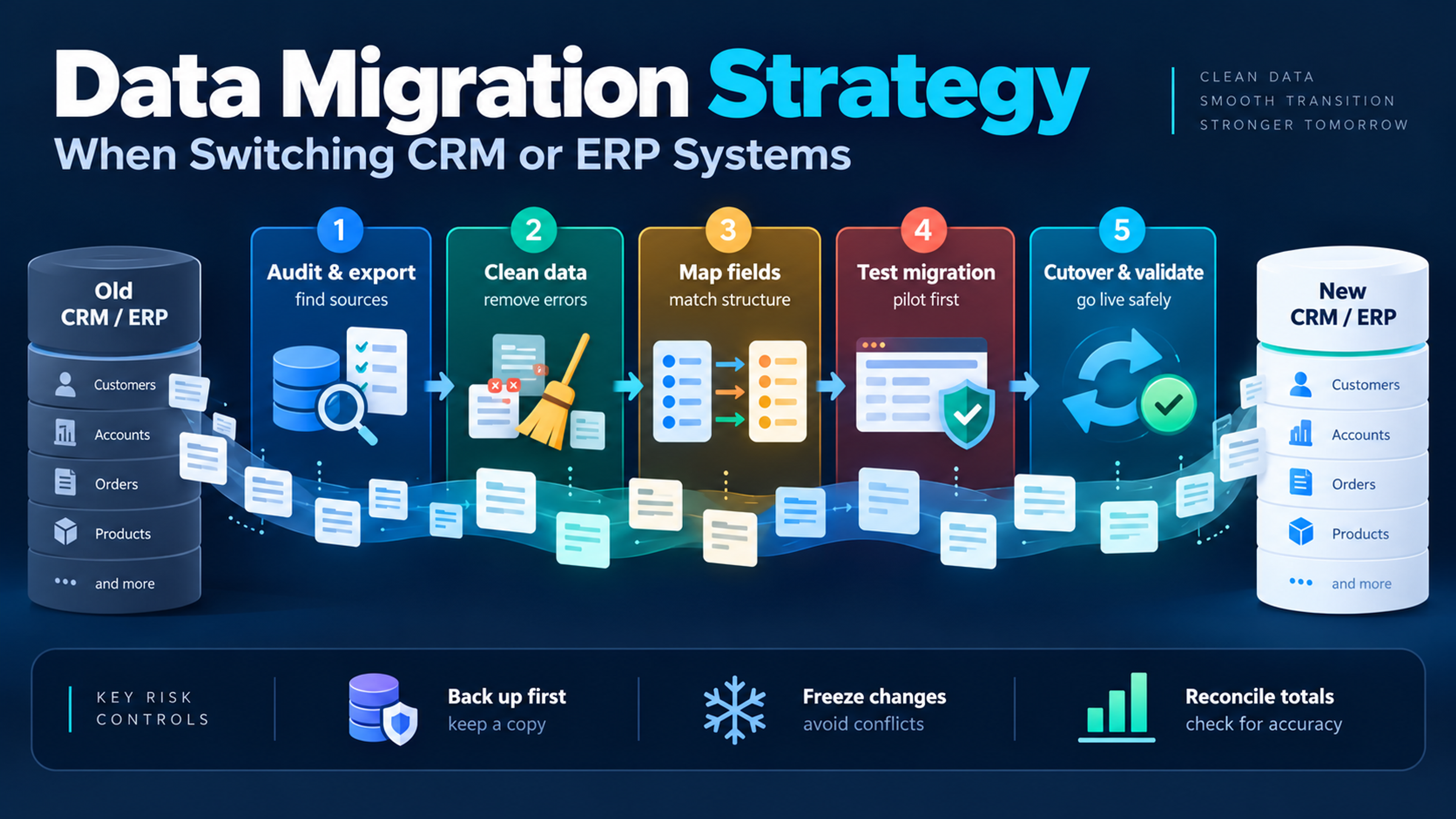 CRM and ERP data migration infographic illustrating five stages: audit and export, clean data, map fields, test migration, and cutover with validation, from old to new systems.