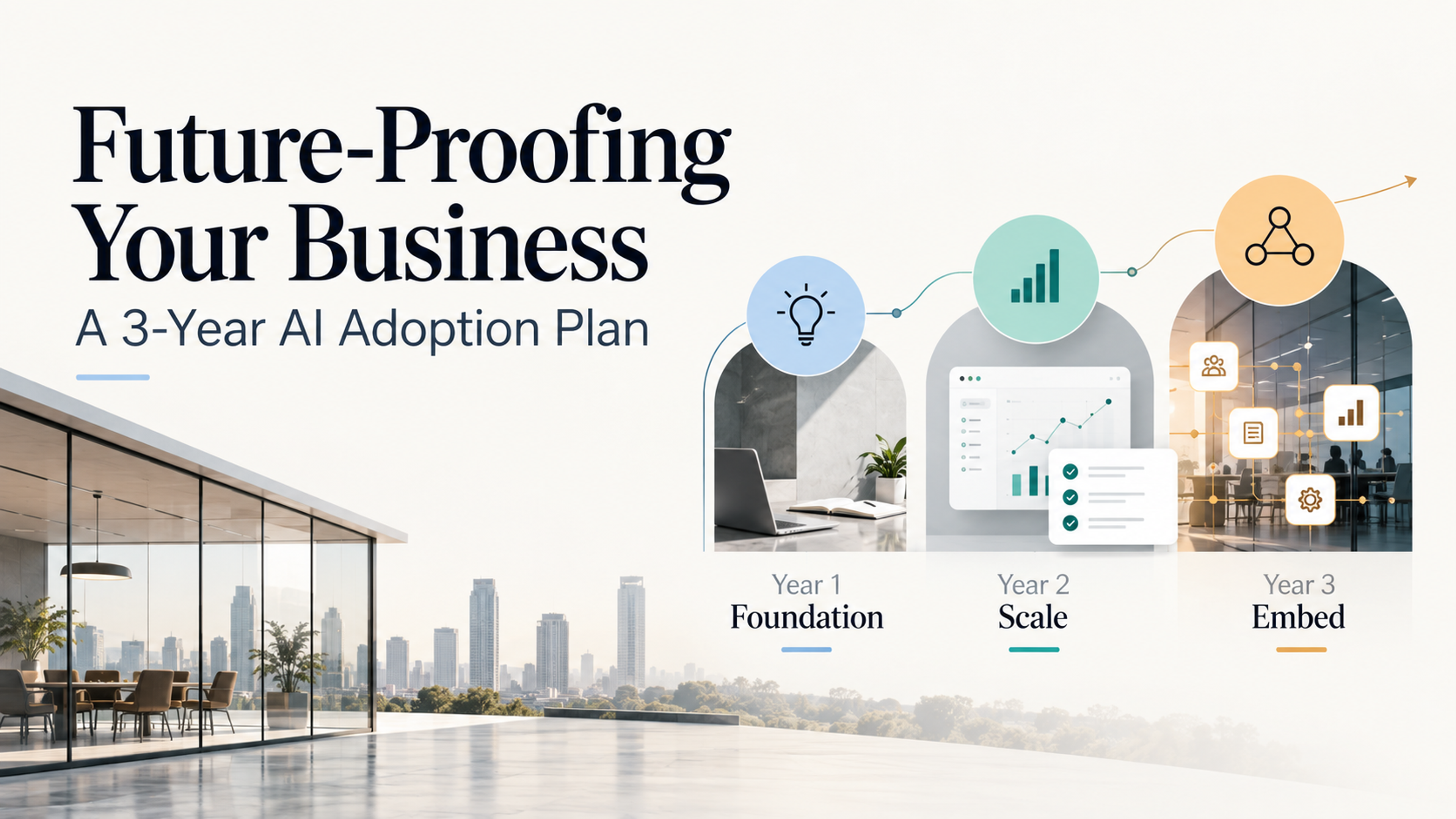 Future-proofing your business with a 3-year AI adoption plan, progressing from foundation to scaling and embedded AI.