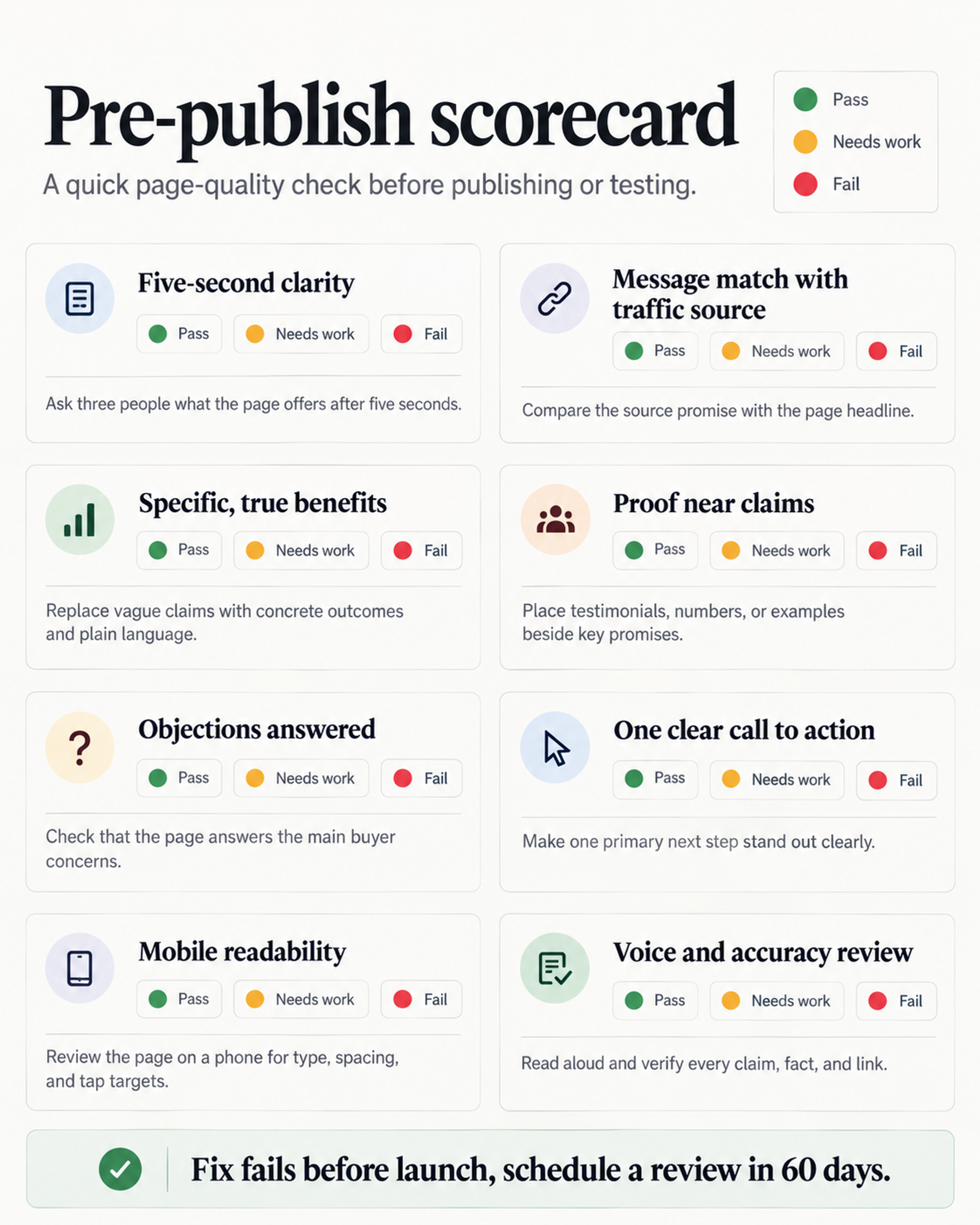 Website copy pre publish checklist scorecard