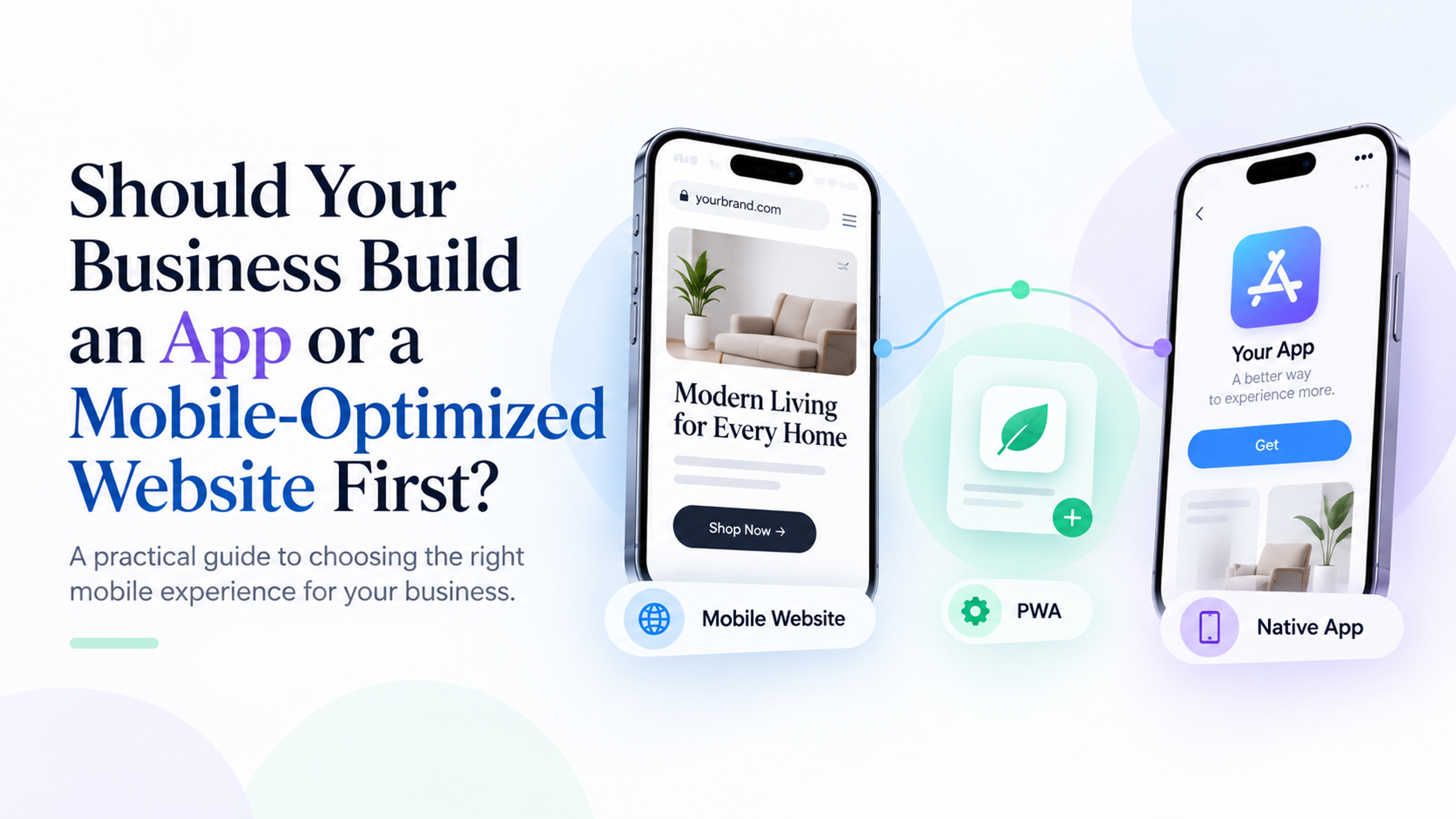 Alt text: Mobile website, PWA, and native app shown side by side to illustrate options for choosing the right mobile experience for a business.