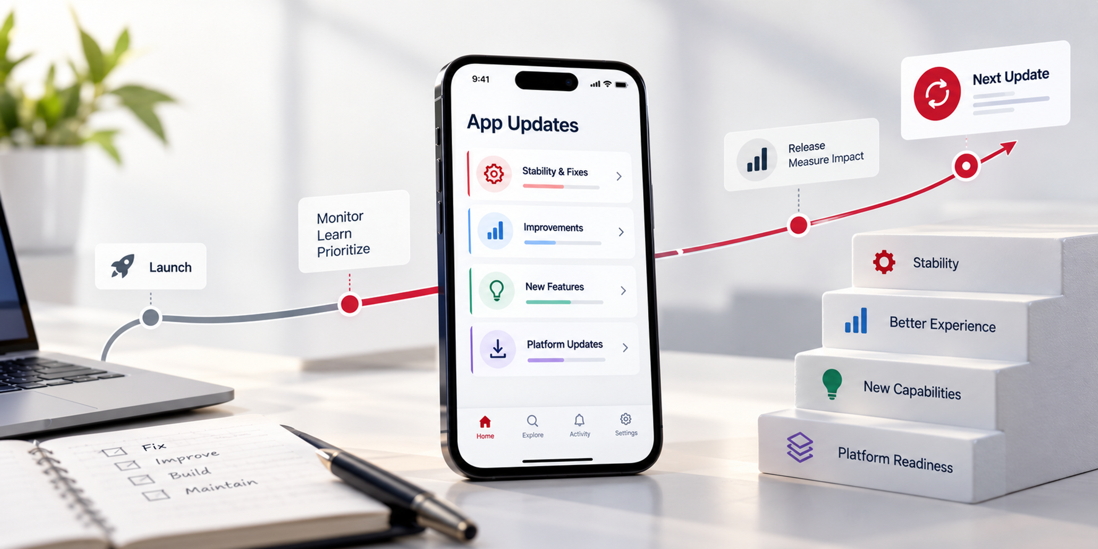 Post-launch app update roadmap showing a mobile app, release monitoring, prioritized improvements, stability fixes, new features, platform updates, and progression toward the next release.