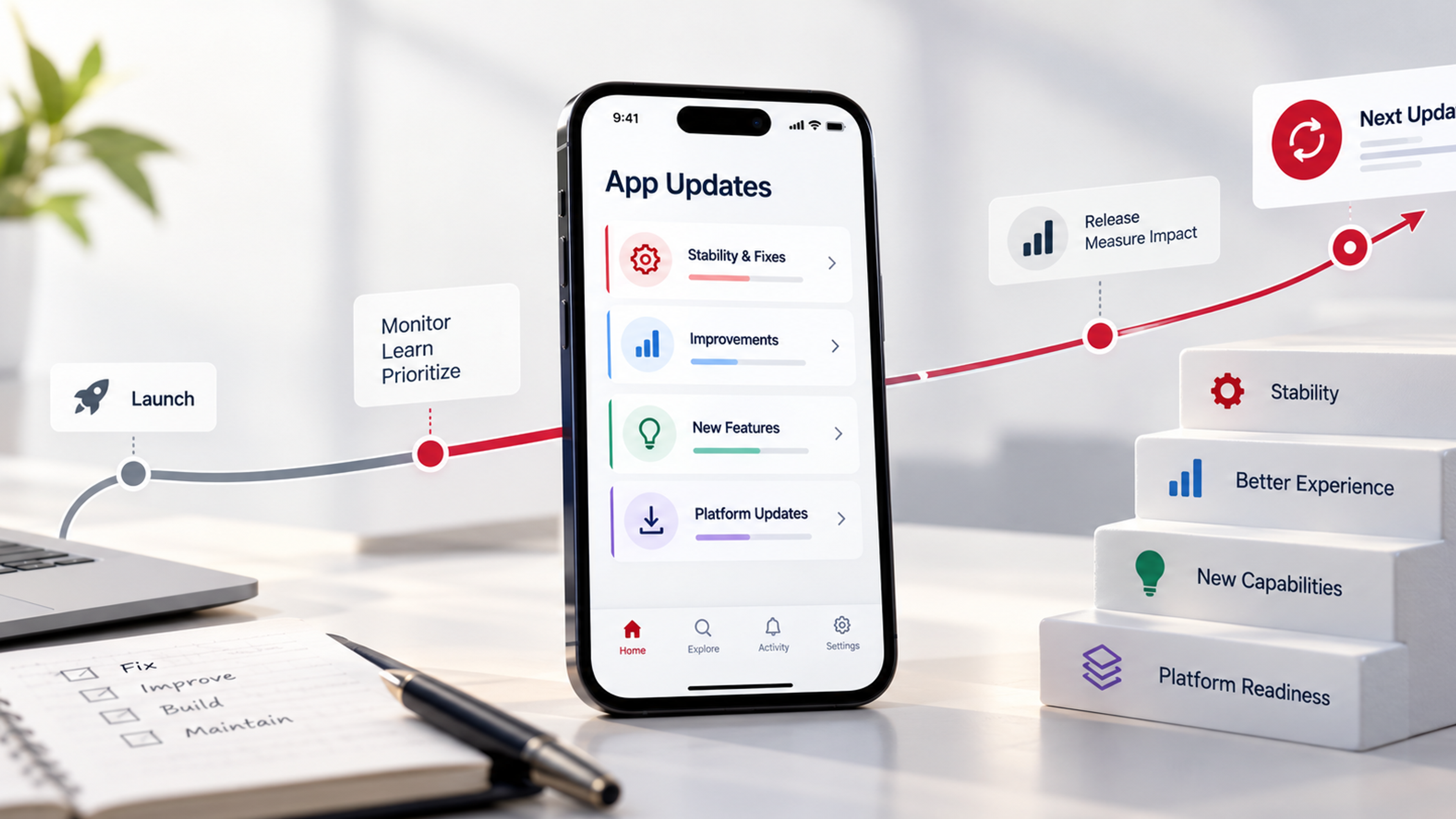 Post-launch app update roadmap showing a mobile app, release monitoring, prioritized improvements, stability fixes, new features, platform updates, and progression toward the next release.