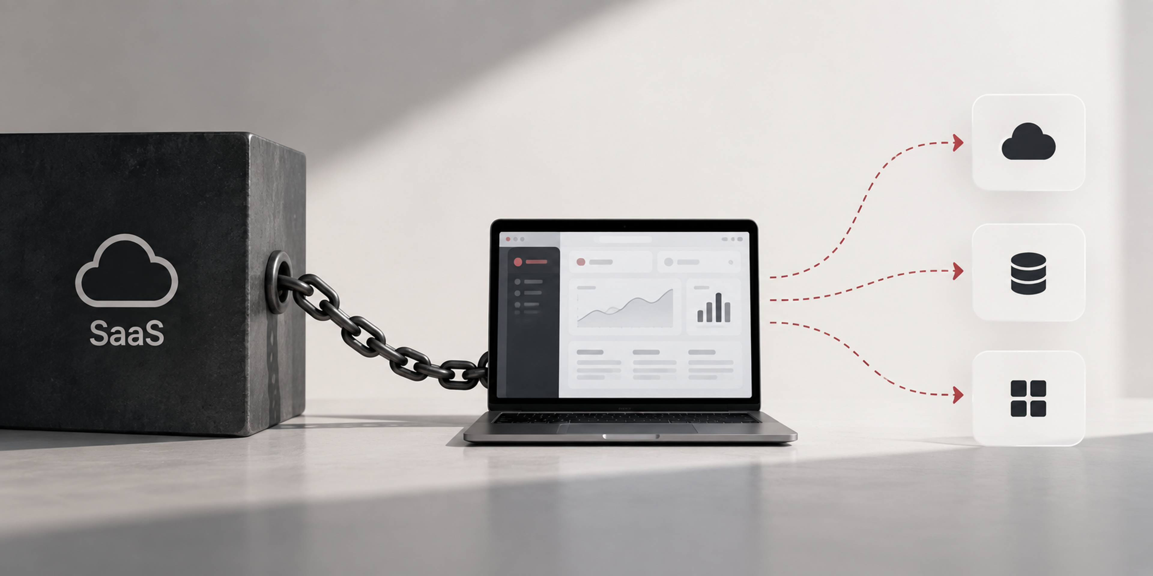 SaaS platform chained to a business system while open paths to cloud, database, and other tools represent portability and reduced vendor lock-in.