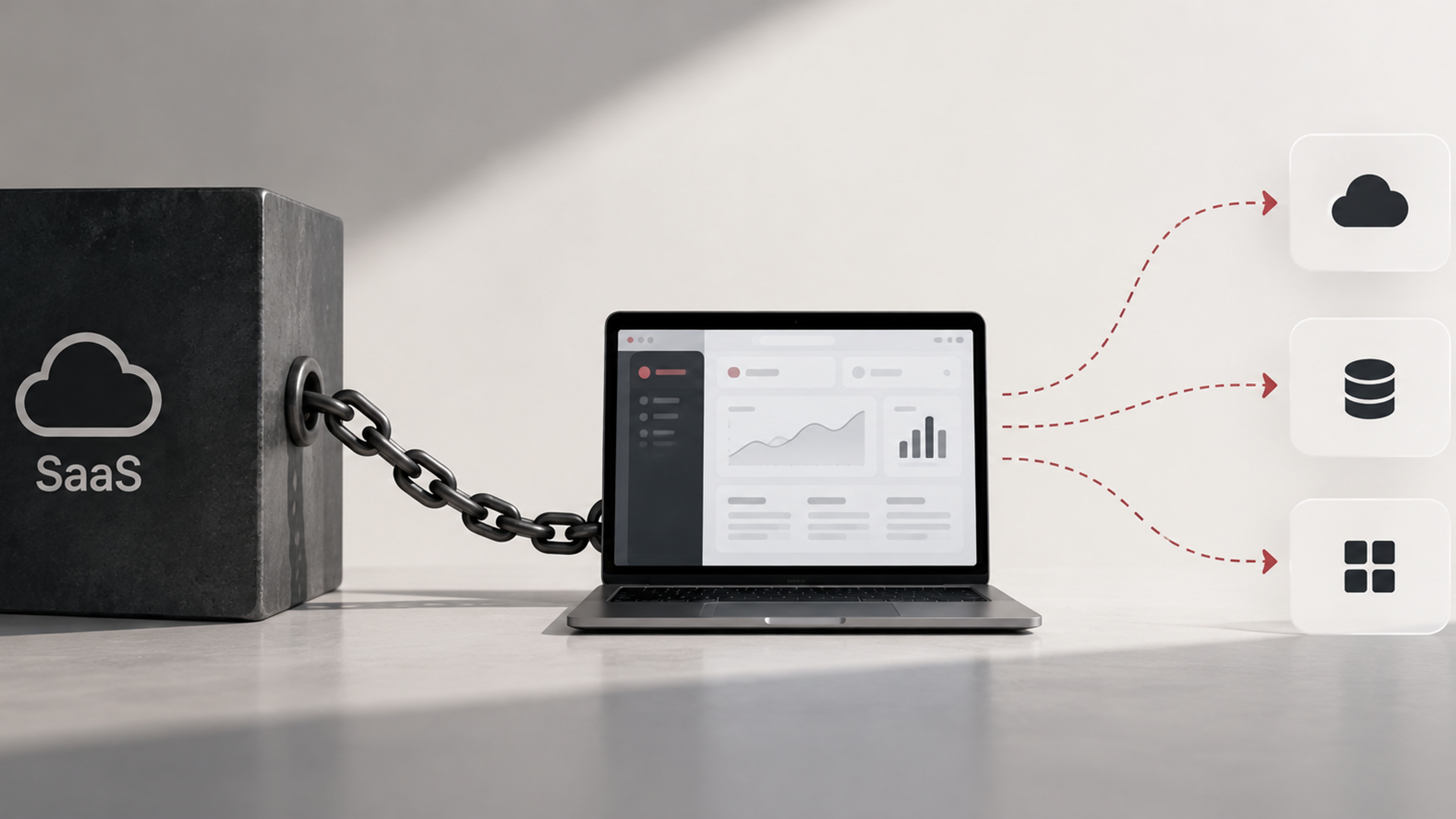 SaaS platform chained to a business system while open paths to cloud, database, and other tools represent portability and reduced vendor lock-in.