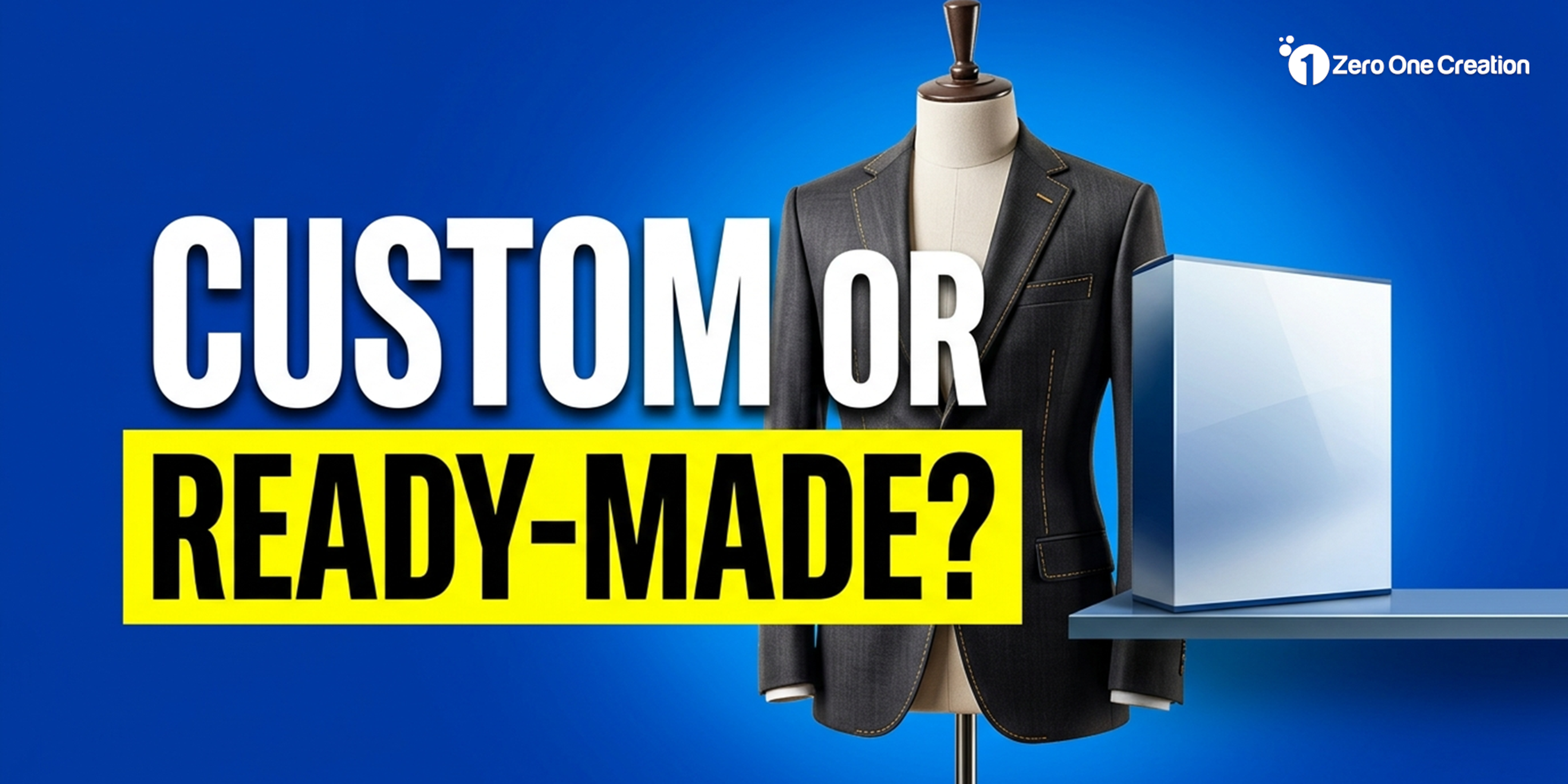 Headline "Custom or ready-made?" with a tailor-made suit on a mannequin next to a generic boxed software package on a store shelf.