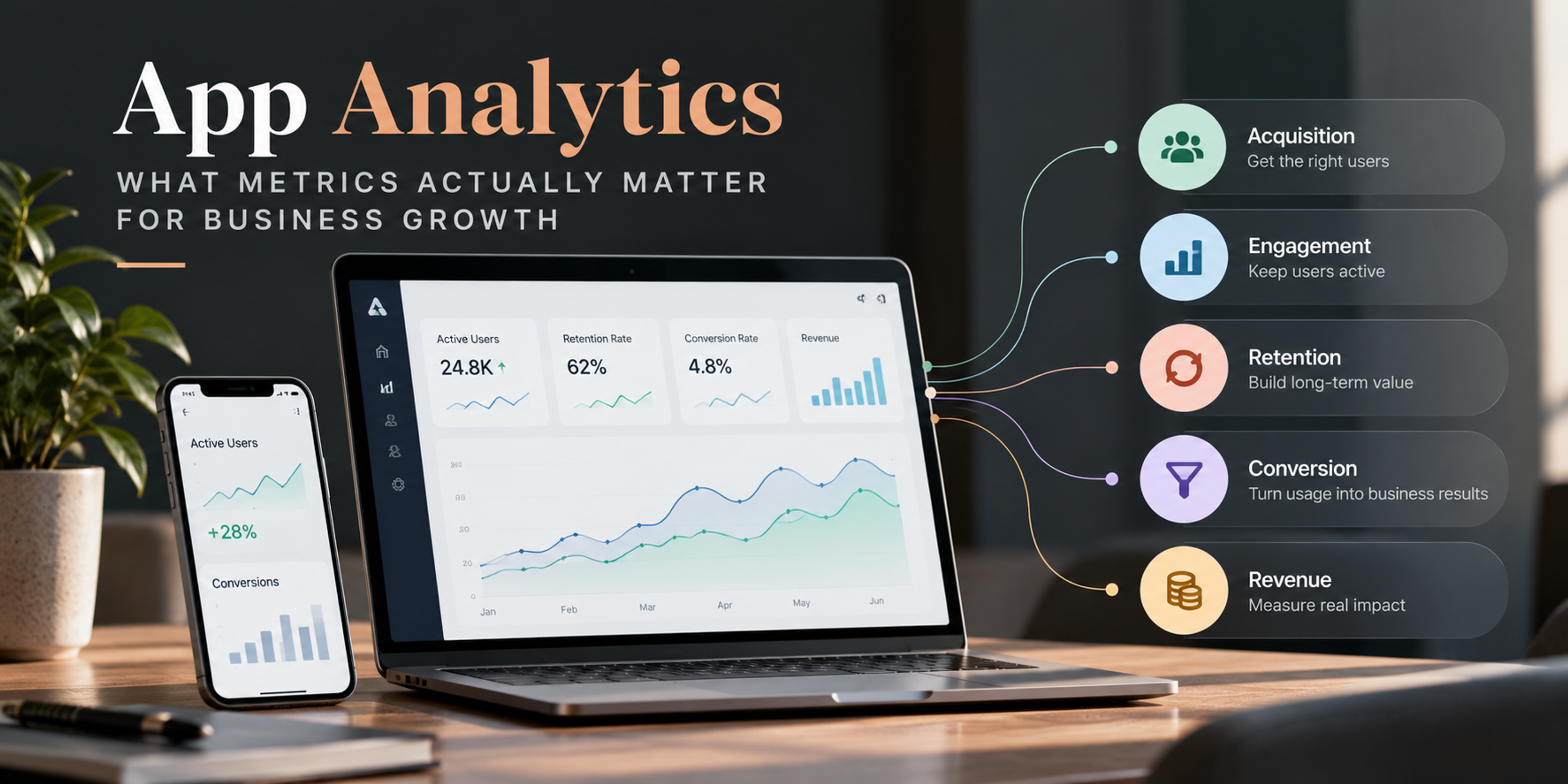 App analytics illustration featuring laptop and smartphone dashboards with key metrics for user acquisition, engagement, retention, conversions, and revenue growth.
