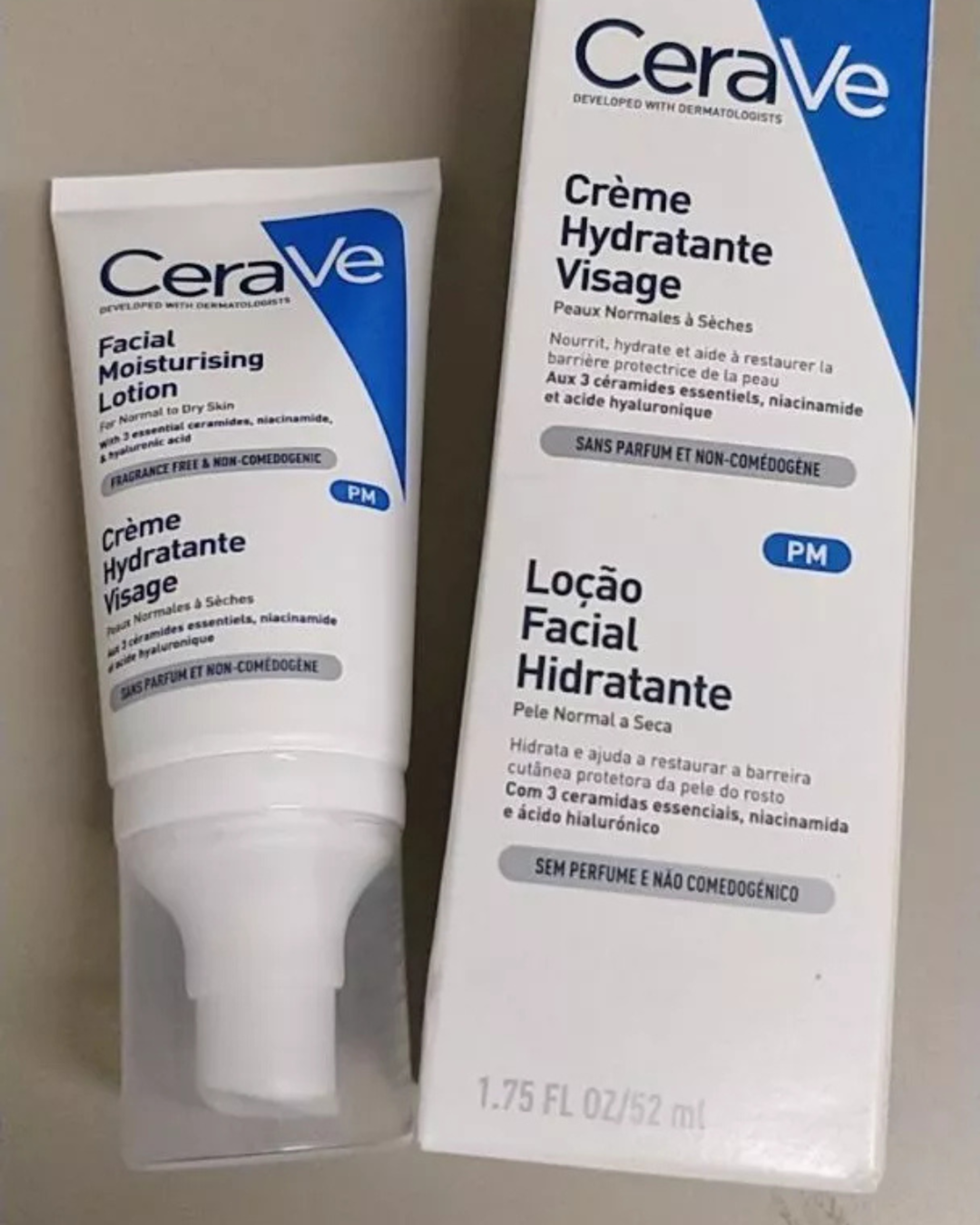 CERAVE Facial Moisturising Lotion เฟเชี่ยล มอยเจอร์ไรซิ่ง โลชั่น โลชั่นบำรุงผิวหน้าสำหรับผิวธรรมดา ข้างกล่องบรรจุภัณฑ์