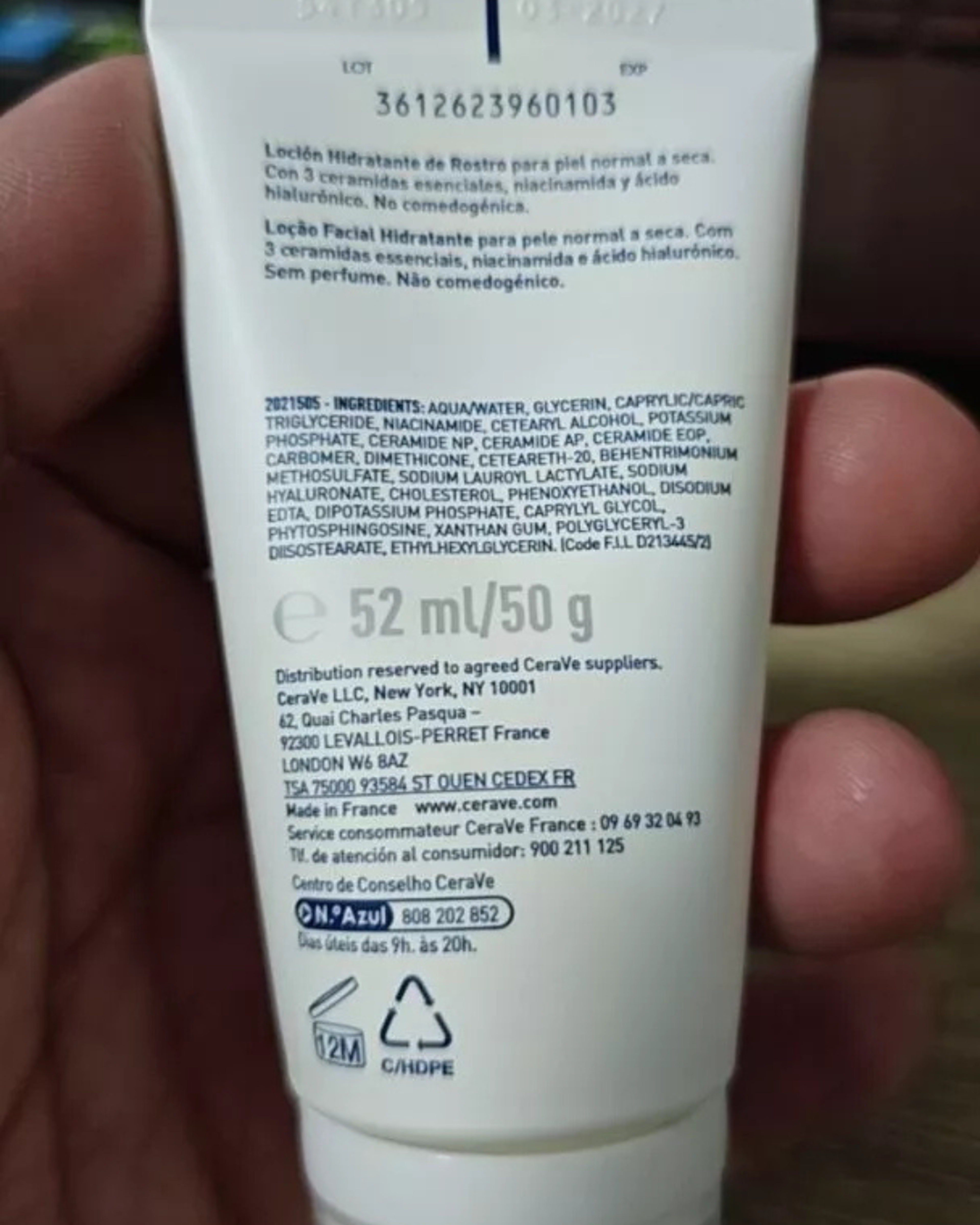 CERAVE Facial Moisturising Lotion เฟเชี่ยล มอยเจอร์ไรซิ่ง โลชั่น โลชั่นบำรุงผิวหน้าสำหรับผิวธรรมดา รายละเอียดผลิตภัณฑ์ที่ด้านหลัง