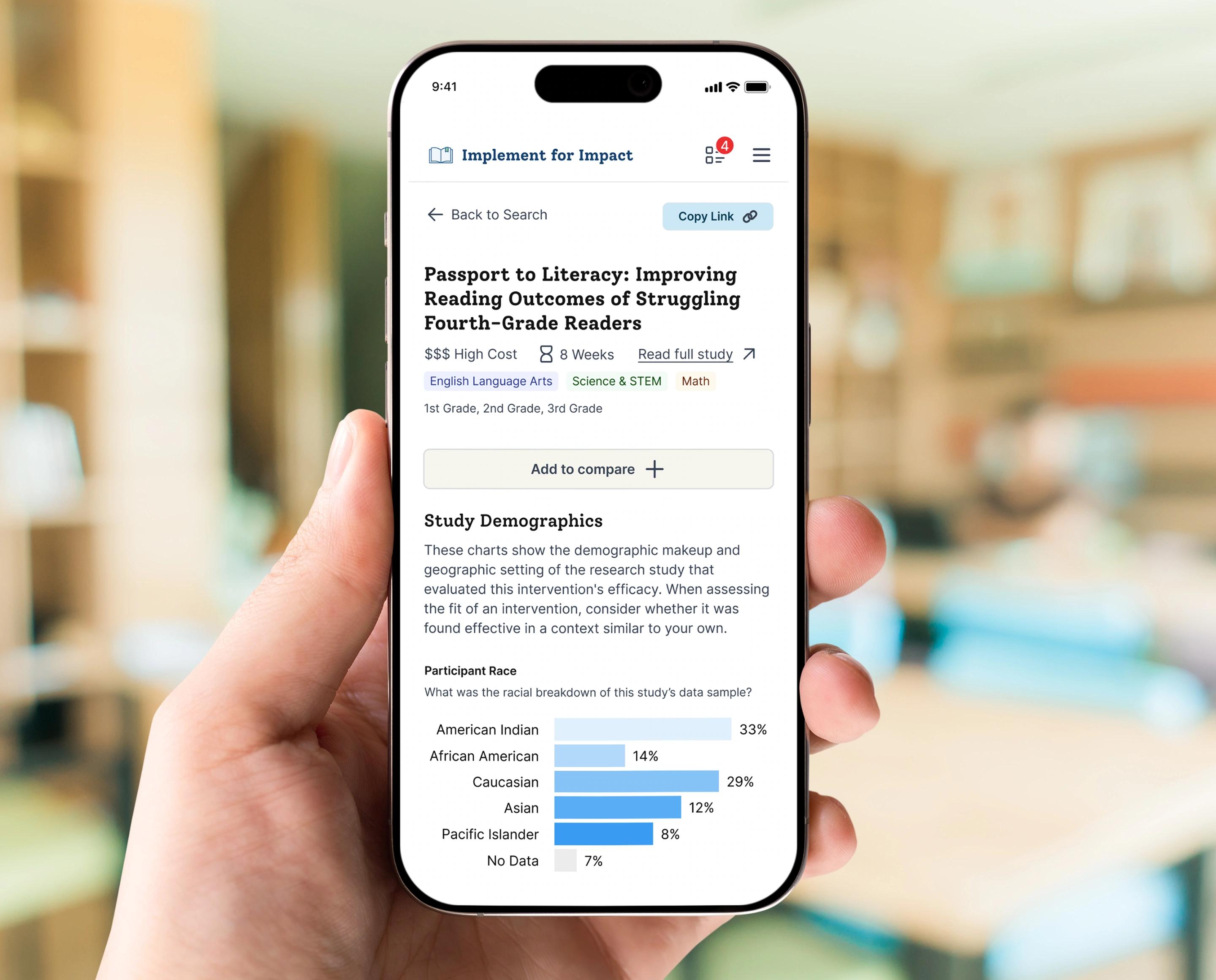 Phone showing an Implement for Impact study page for a fourth-grade reading intervention, with cost, duration, an “Add to compare” button and a participant demographics chart.