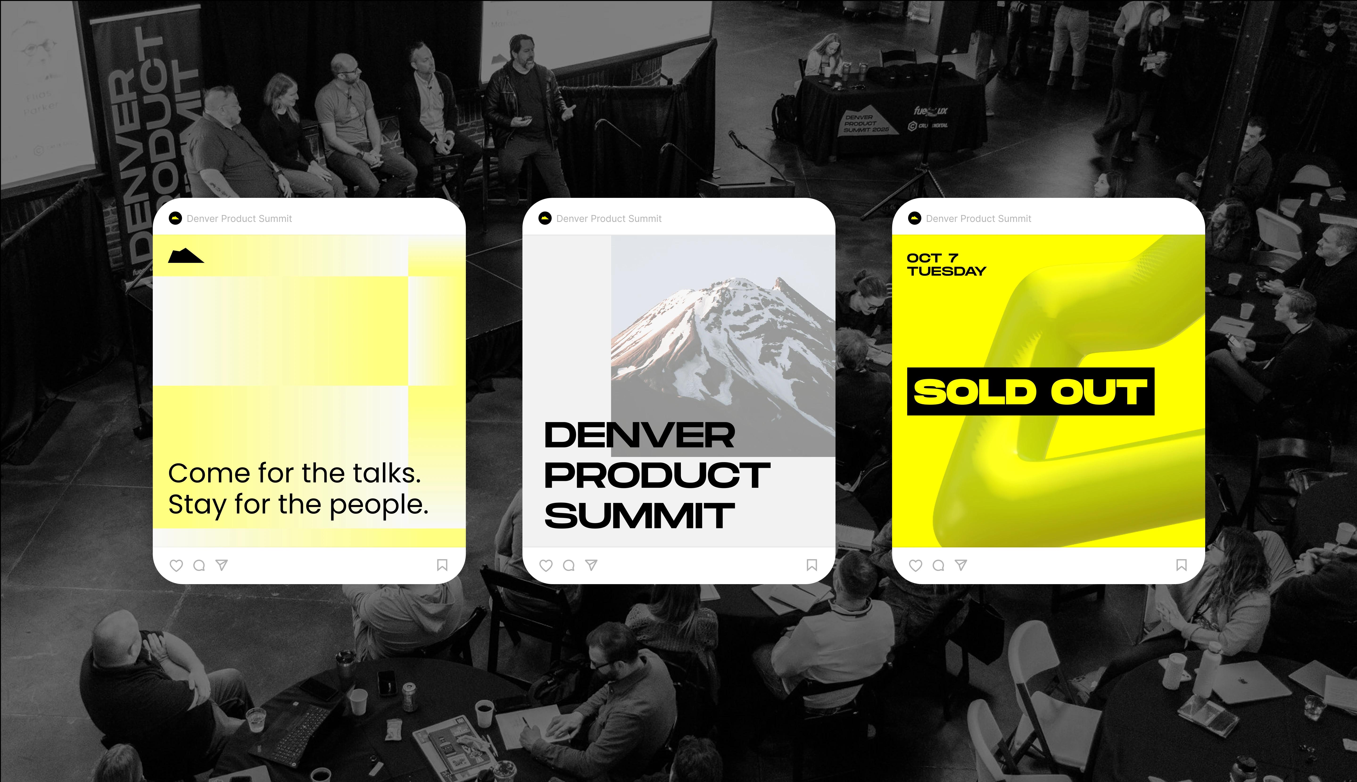 Denver Product Summit social media designs featuring mountain imagery, bold typography, neon yellow graphics, and event announcements.