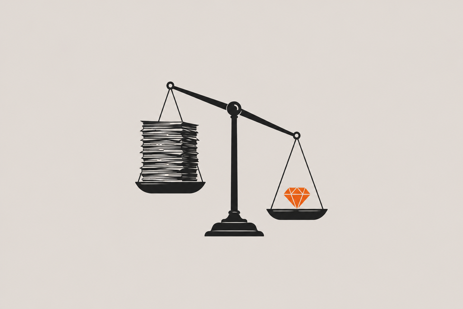 balance scale with a tall pile of papers on one side and a single small gem on the other side, the gem side sitting lower.