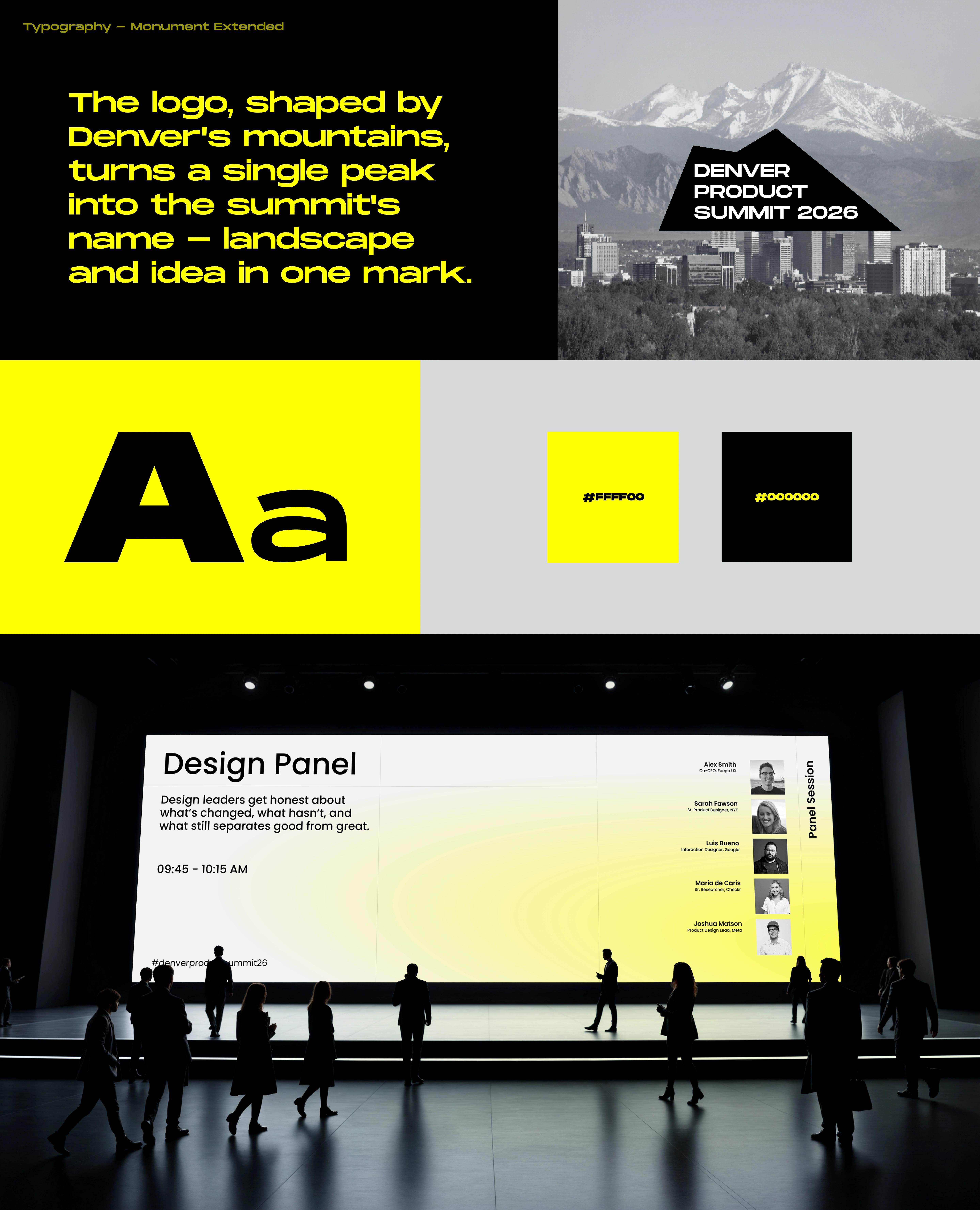 Denver Product Summit brand identity featuring a geometric mountain logo, bold typography, neon yellow and black color palette, and event signage.