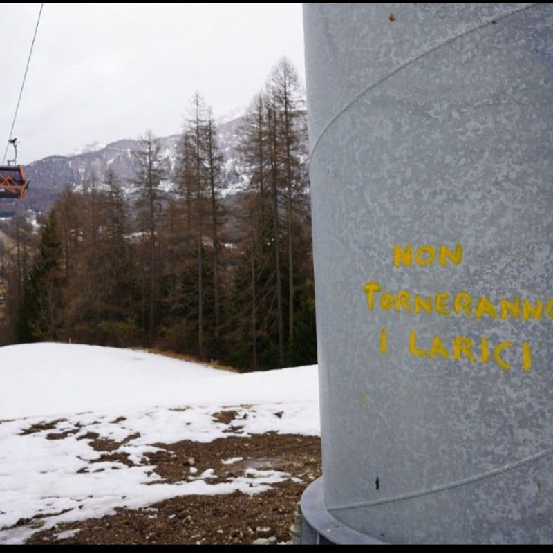 Scritta sul pilone "non torneranno i larici"