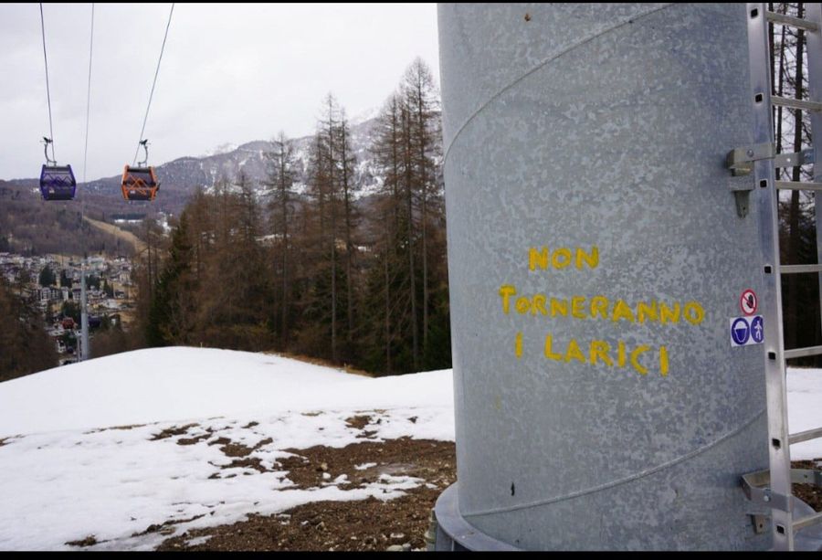 Scritta sul pilone "non torneranno i larici"