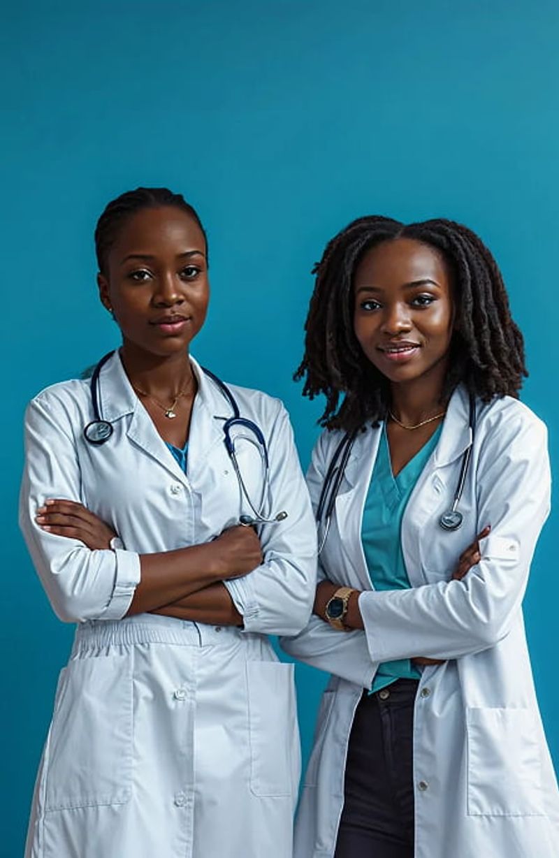 Two women in white lab coats with stethoscopes