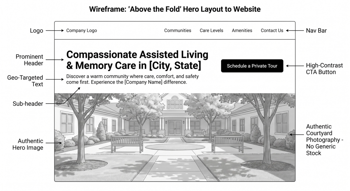 A wireframe of "above the fold" area on a senior living or home care website
