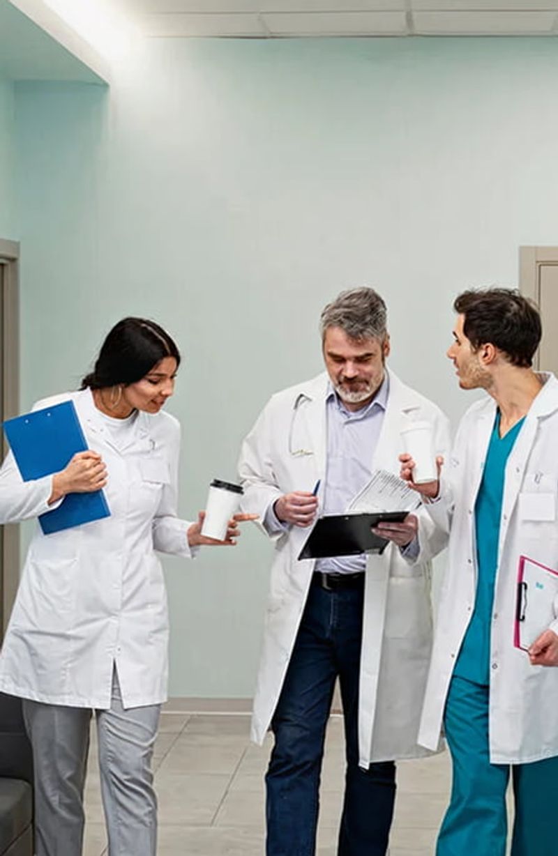 Healthcare professionals discussing tablet in hallway