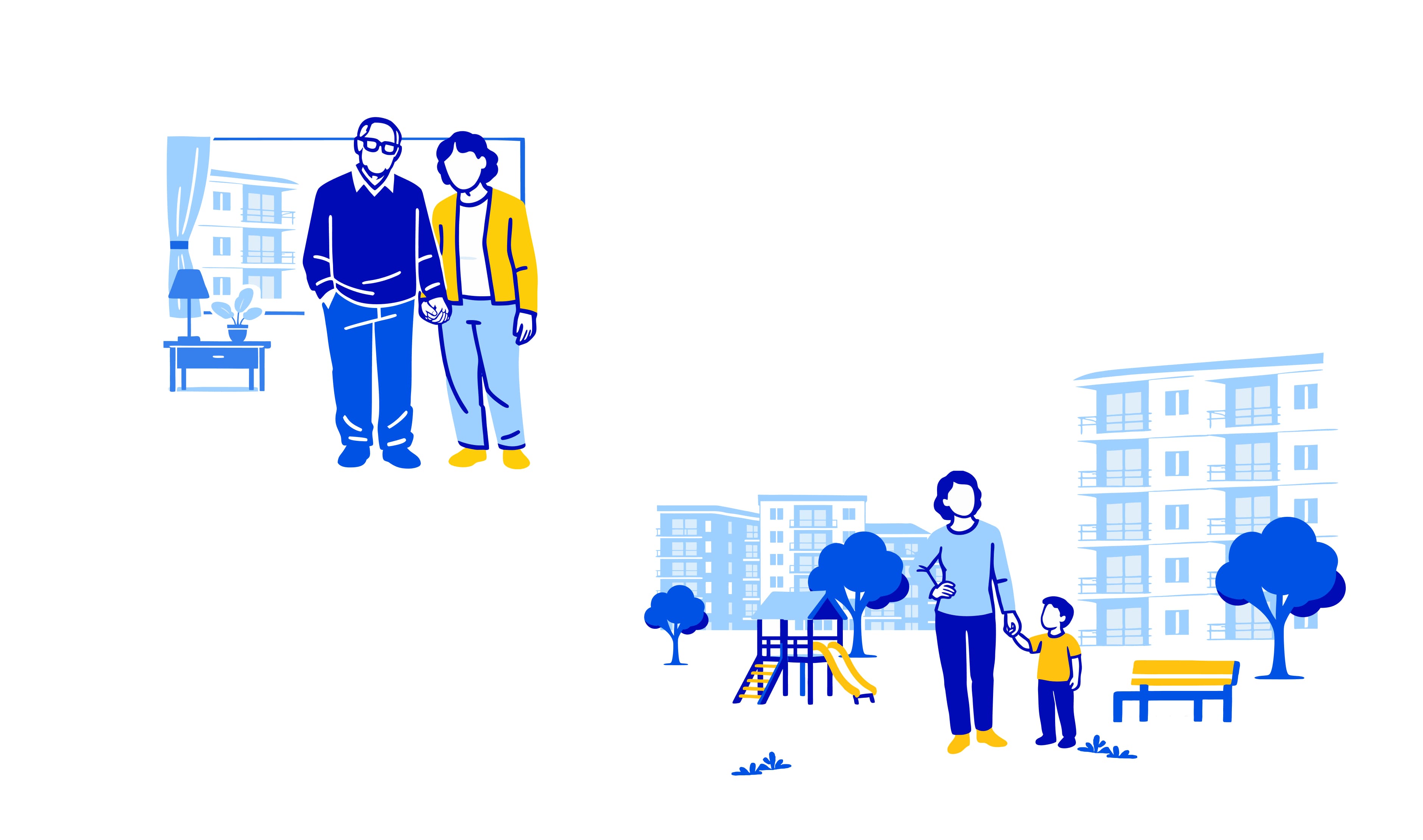 De Vernieuwde Stad - oudereen in huis, vrouw en kind op straat