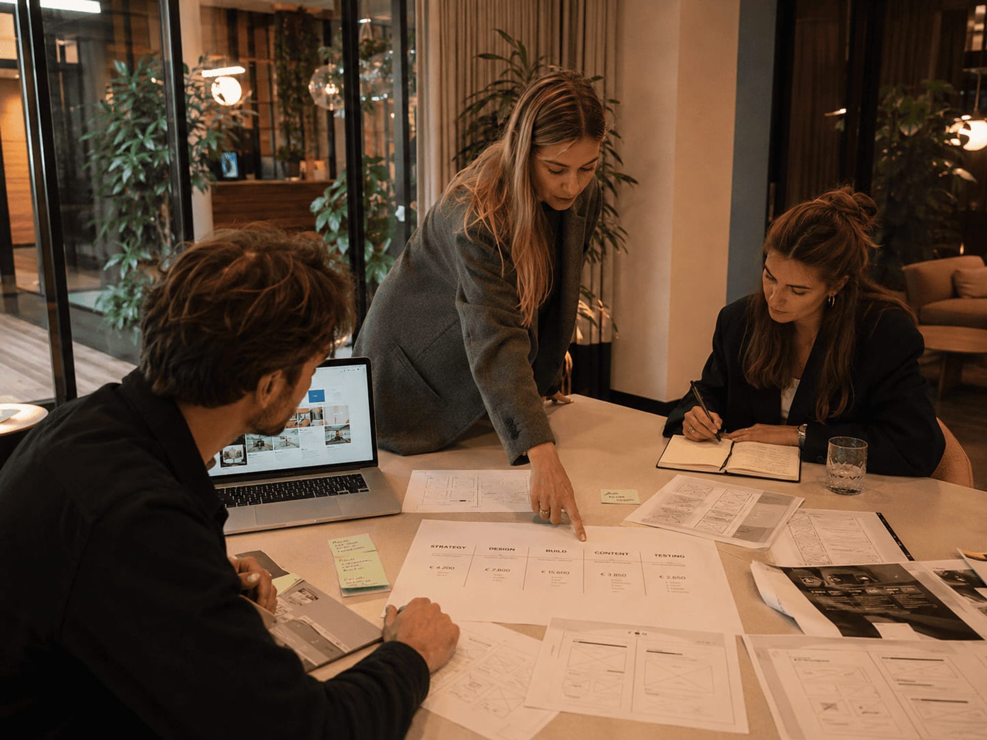Team bespreekt offerte, wireframes en prijsopbouw voor een nieuwe website