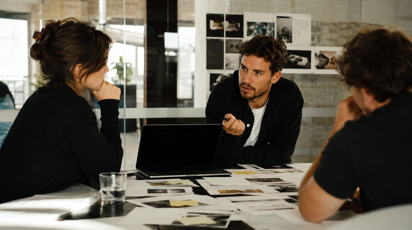Strategieteam bespreekt klantinzichten rond een tafel vol onderzoek en campagnemateriaal