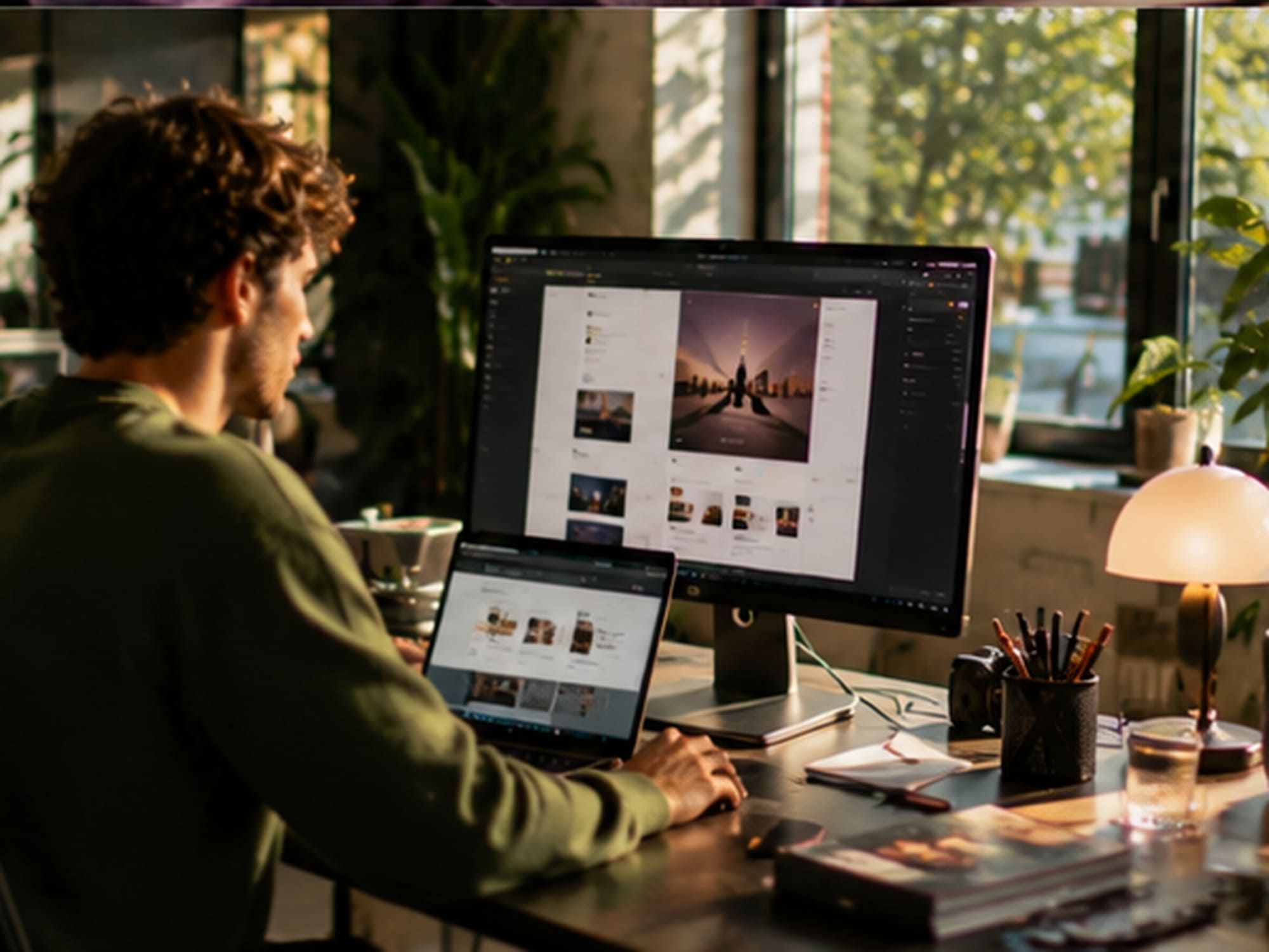 Designer werkt aan een websiteontwerp op meerdere schermen in een lichte studio vol planten en materialen.
