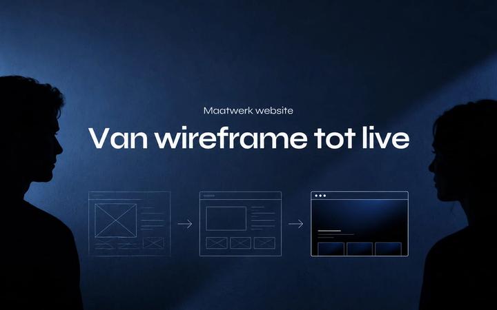 Blauwe hero over een maatwerk website van wireframe tot livegang