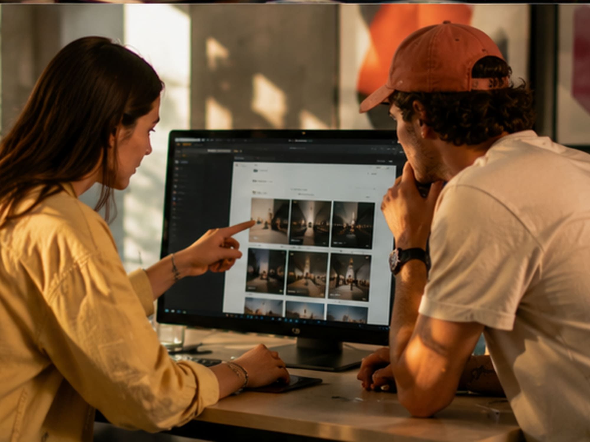 Twee collega’s beoordelen samen een bijna voltooide website op een groot scherm in de studio.