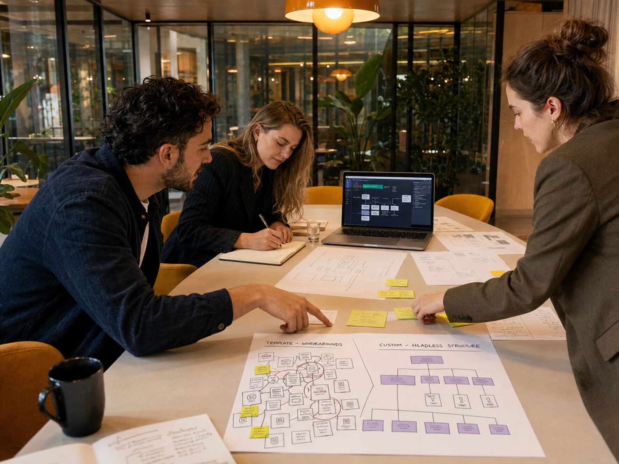 Team vergelijkt template-workarounds met een schone maatwerk structuur