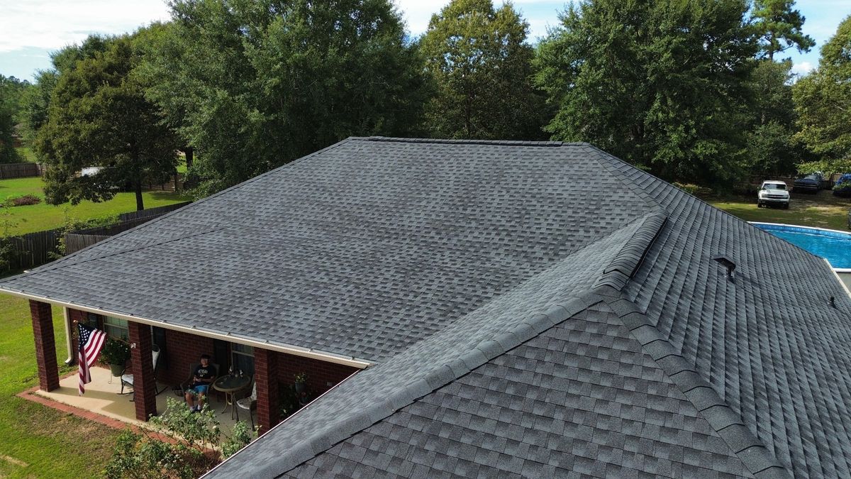 After photo of a GAF Timberline HDZ shingle roof in Charcoal completed by Southeast Roofing in Perkinston, MS.