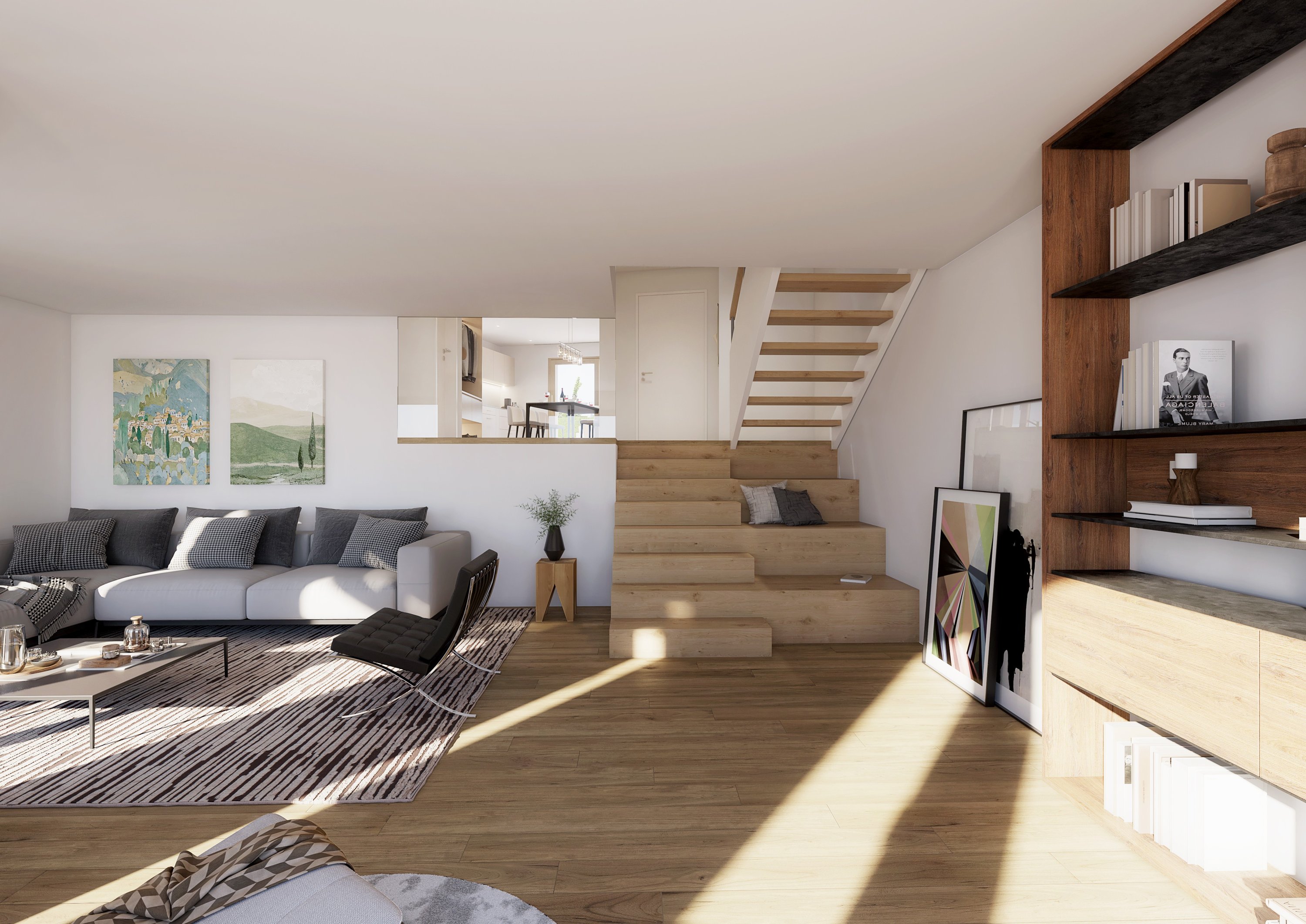 Visualisierung, Wohnbereich mit Bücherwand und Treppe