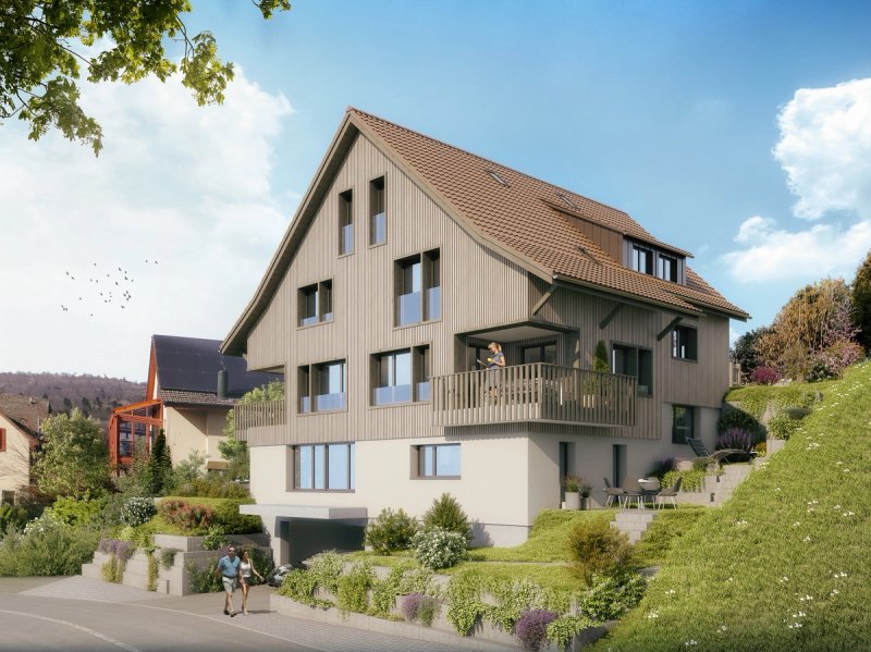 Visualisierung des Wohnhauses an der Sonnhaldenstrasse, Ansicht von der Strasse