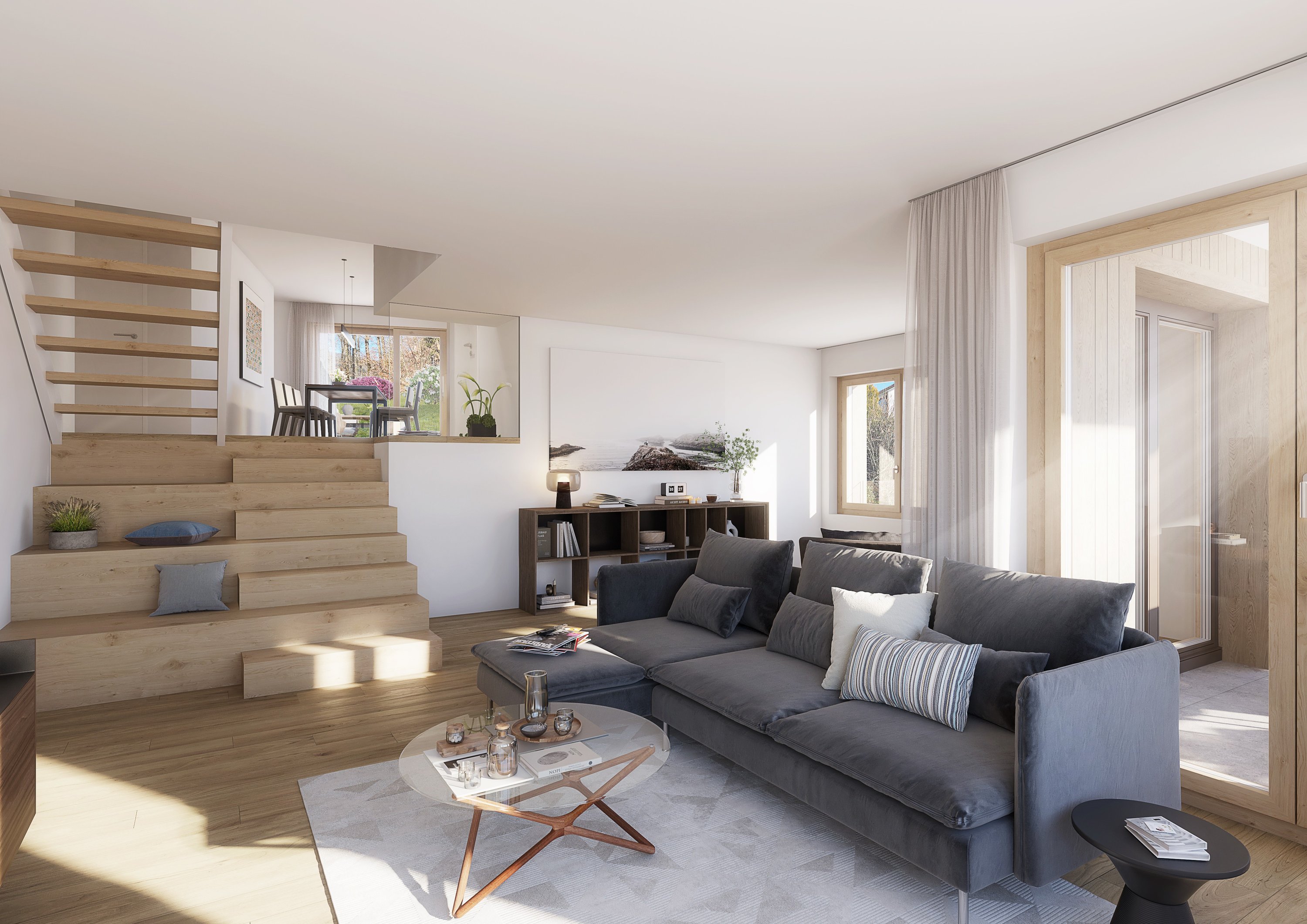 Visualisierung, Wohnbereich mit Sofa und Treppe