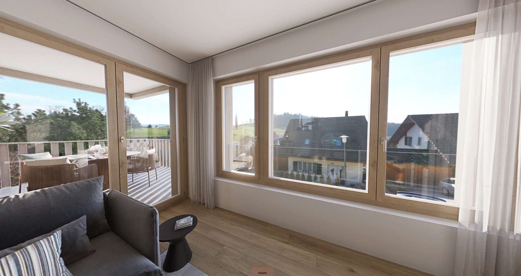 Visualisierung, Wohnbereich mit Blick auf die Terrasse