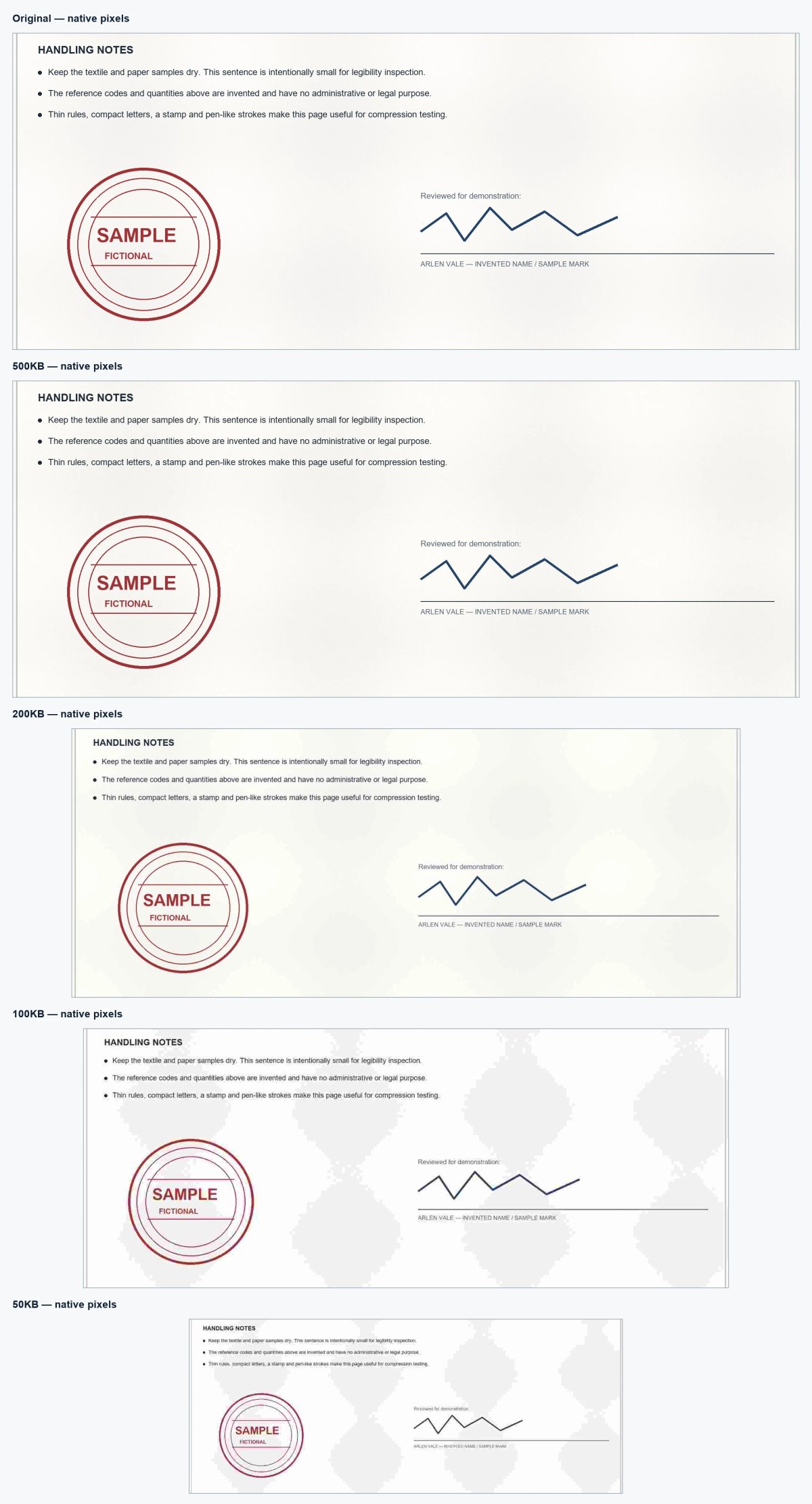 100 percent crop comparing handling notes, thin lines, a fictional stamp and signature-like mark after compression