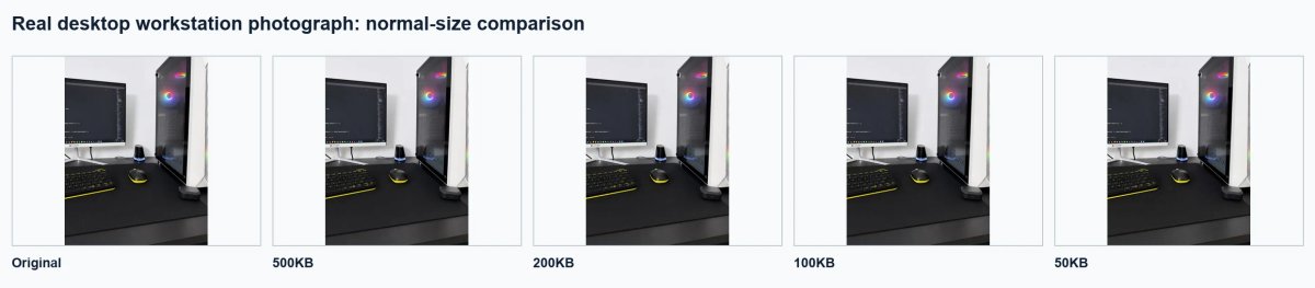 Genuine desktop workstation photograph compared at 500KB, 200KB, 100KB and 50KB