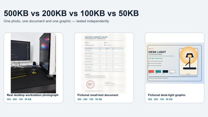 500KB, 200KB, 100KB and 50KB image quality comparison across a photo, document and product graphic