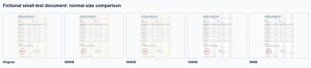 Fictional document with small text compared at 500KB, 200KB, 100KB and 50KB